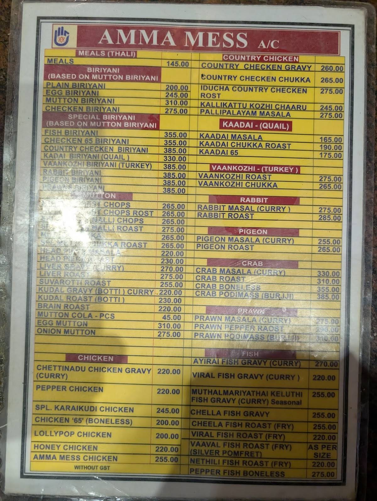 Amma Mess menu