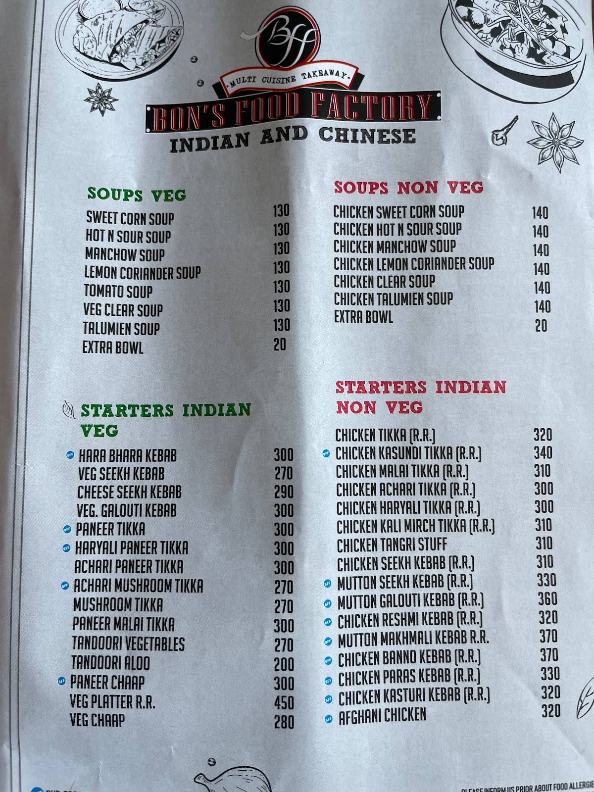 BON'S FOOD FACTORY menu