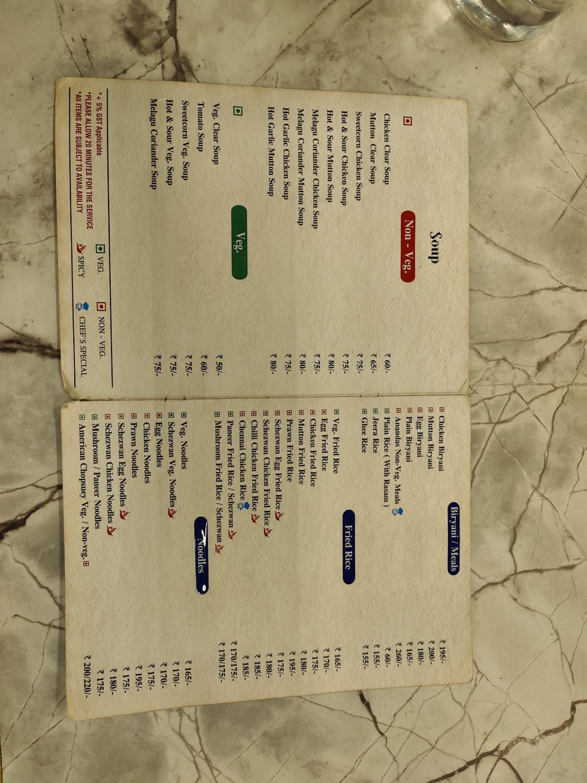 Ananda Vilas menu