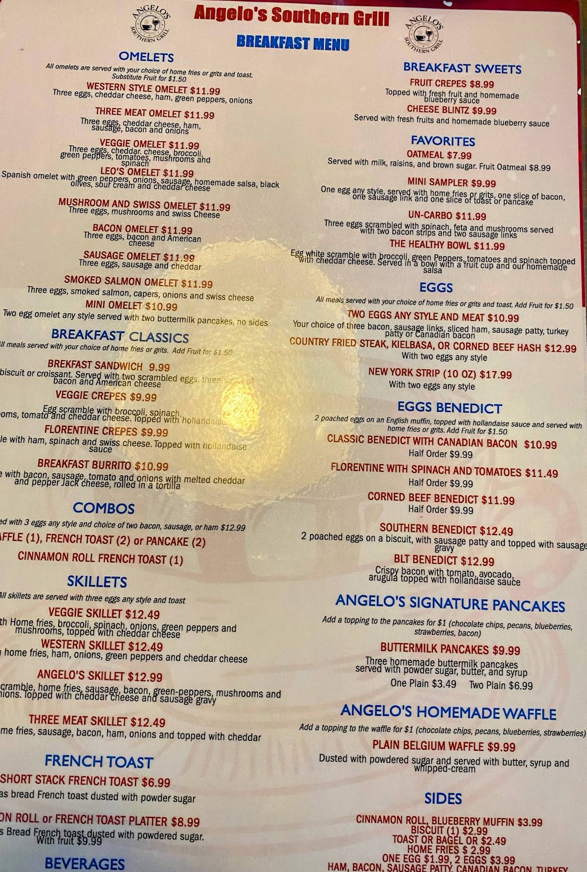 Menu at Angelo's Southern Grill restaurant, Naples