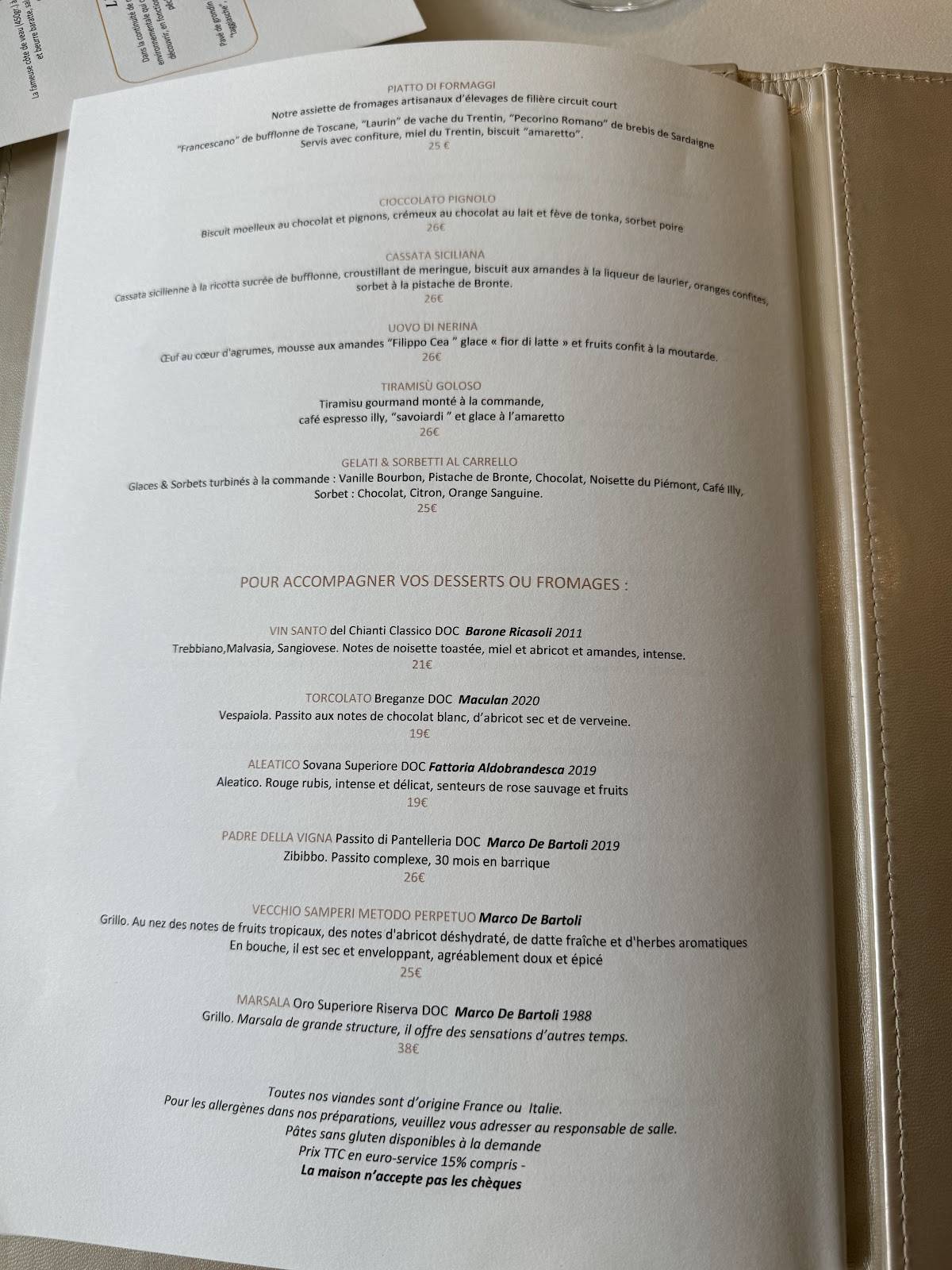 Menu de ARMANI/RISTORANTE PARIS