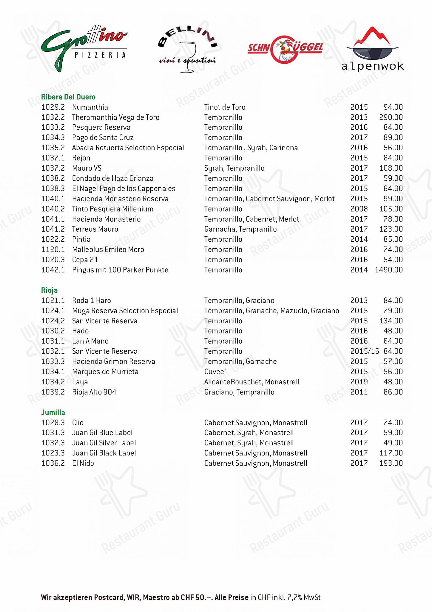 菜单 per Bellini Vini e Spuntini in Arosa