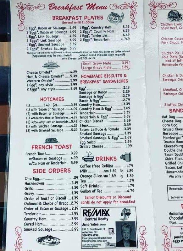 Menu at P & J's Diner restaurant, Asheboro