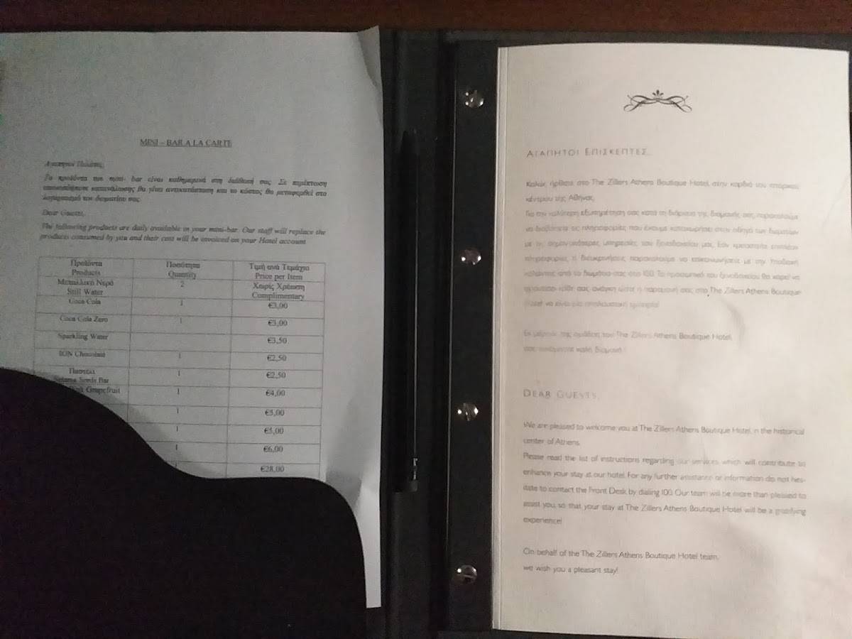 Menu at The Zillers Roof Garden, Athens, Mitropoleos 54