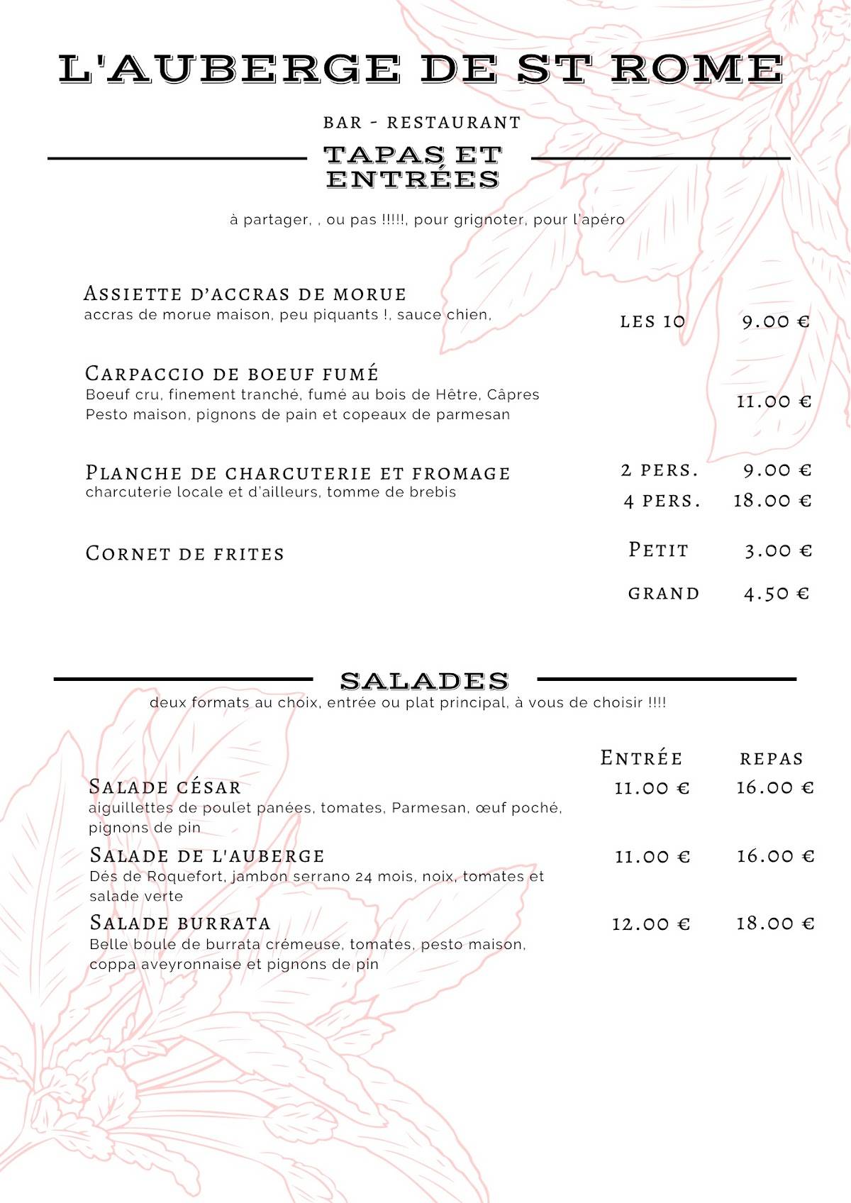 Menu de Auberge de Saint Rome