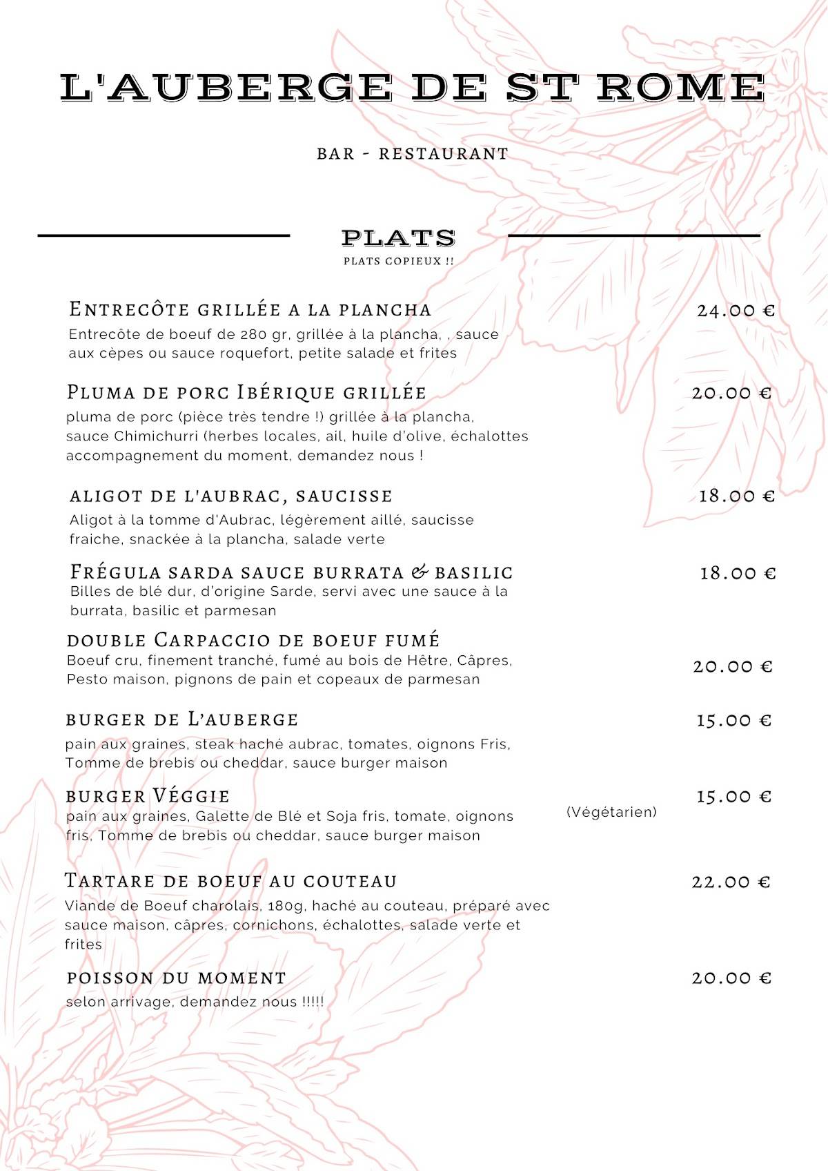 Menu de Auberge de Saint Rome