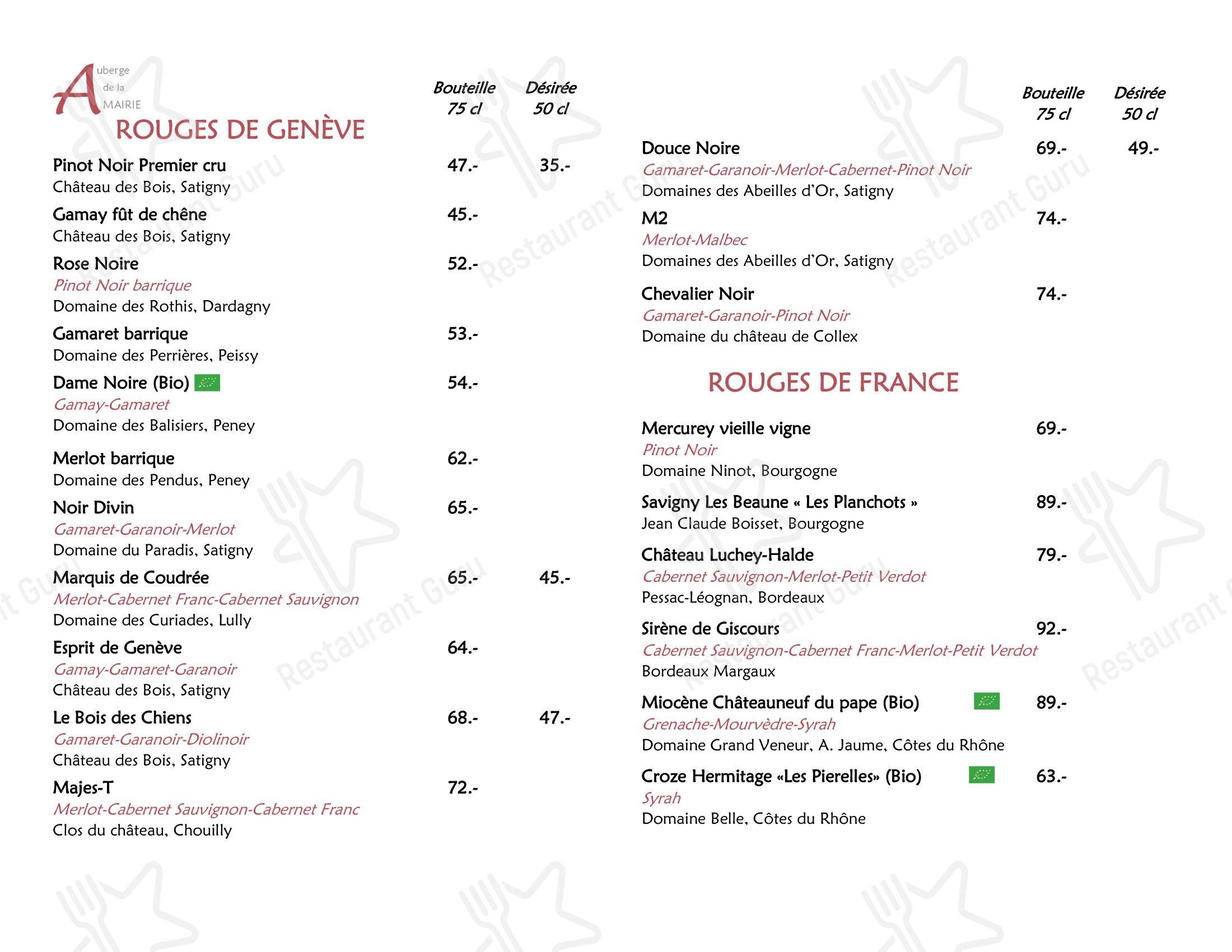 菜单 per Auberge de la Mairie in Vernier