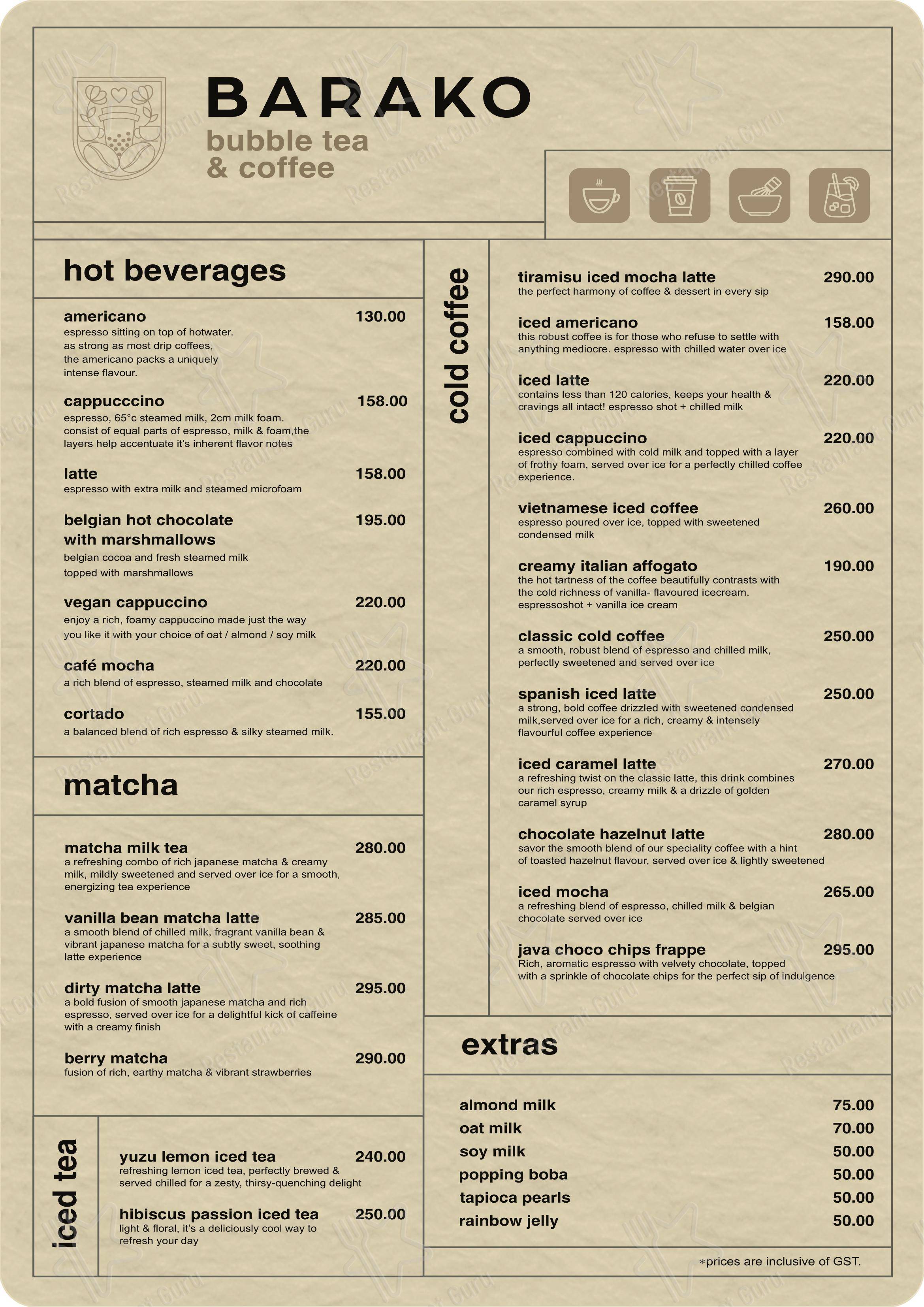 Menu for the BARAKO restaurant
