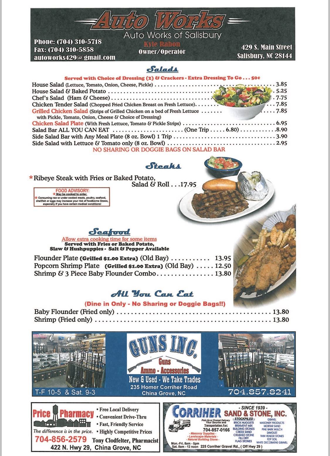 Menu at Porky's BarBQ, China Grove
