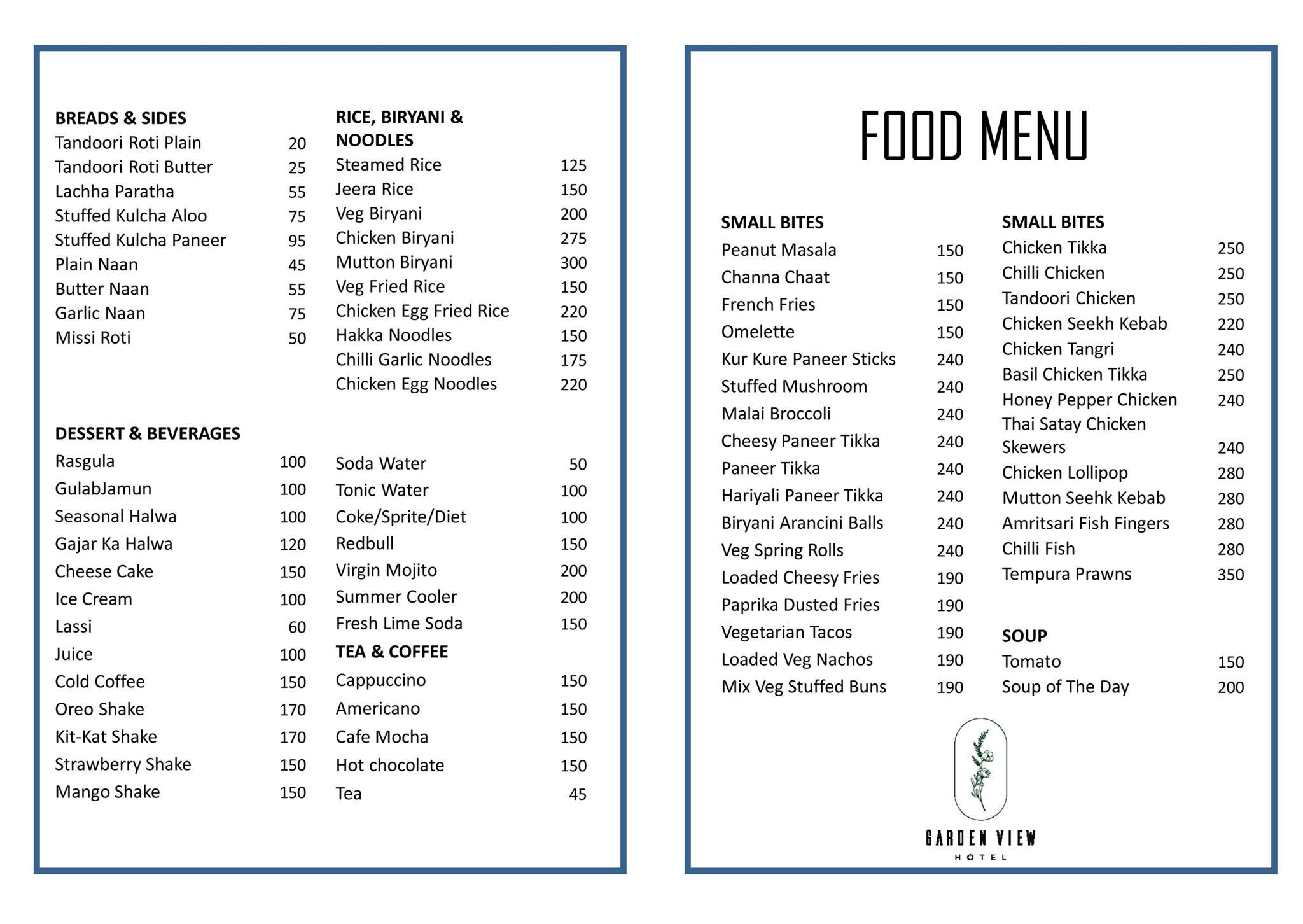 Sammy Singh's Rooftop menu
