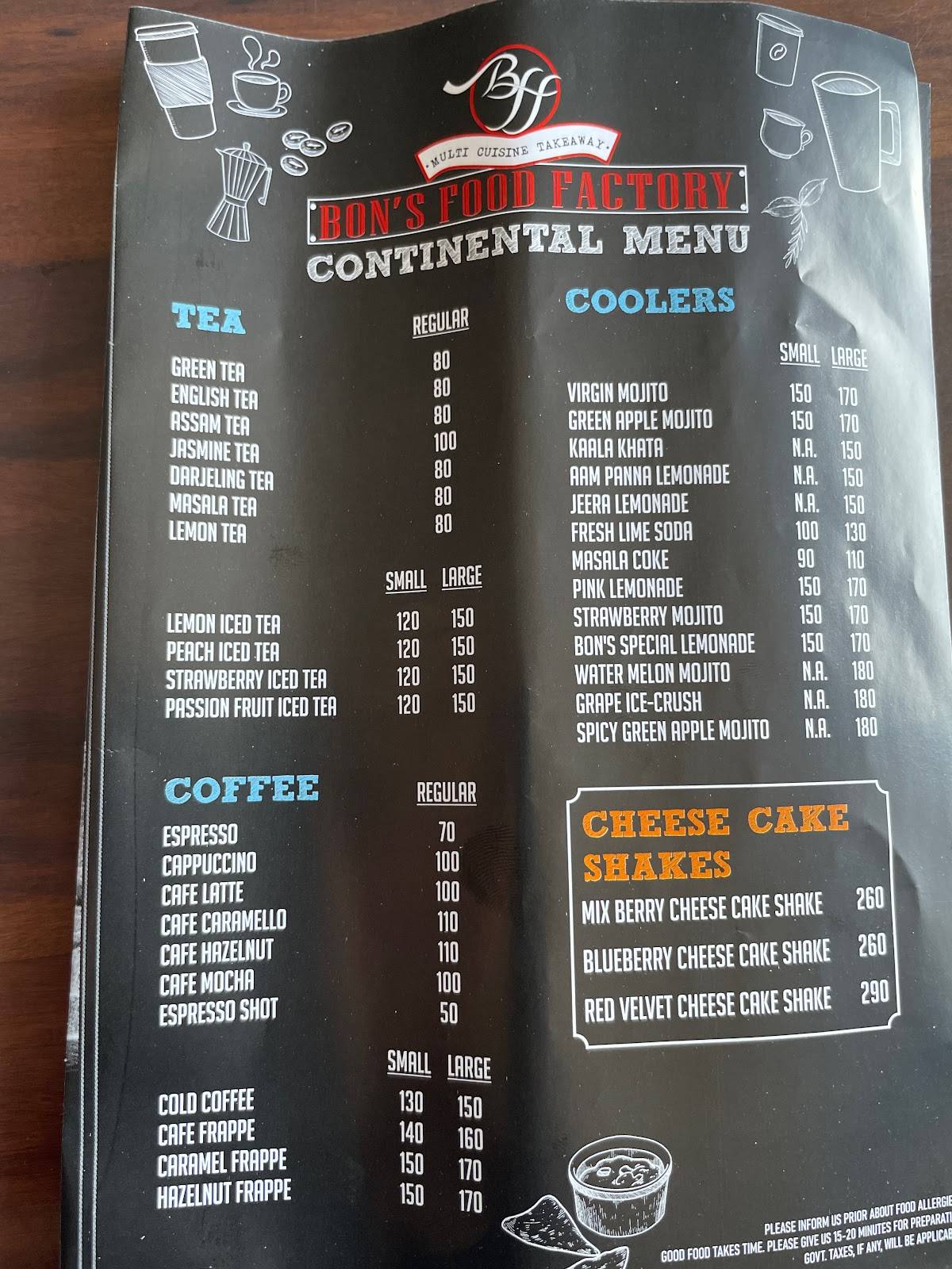BON'S FOOD FACTORY menu