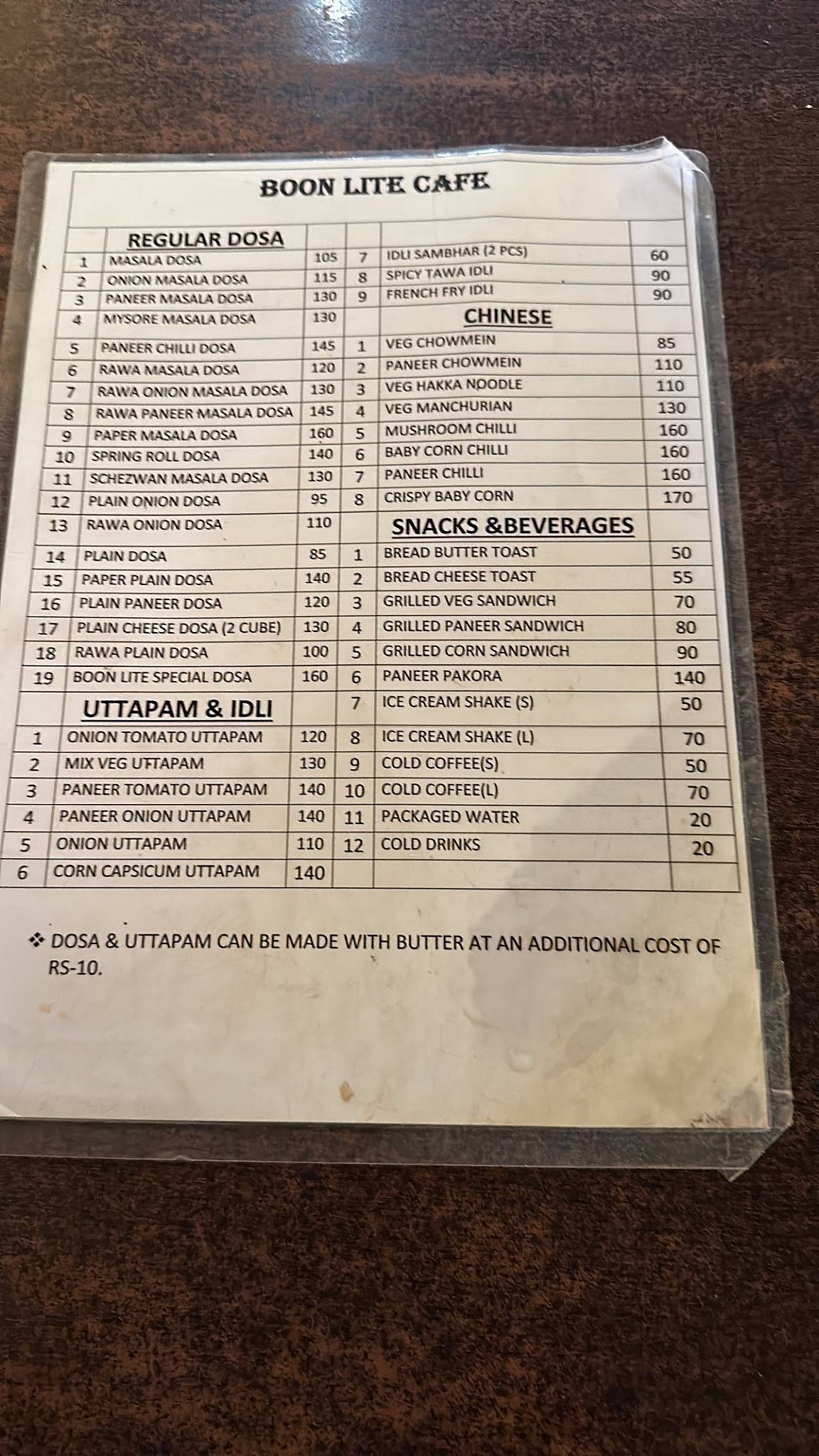 BOON LITE CAFE menu