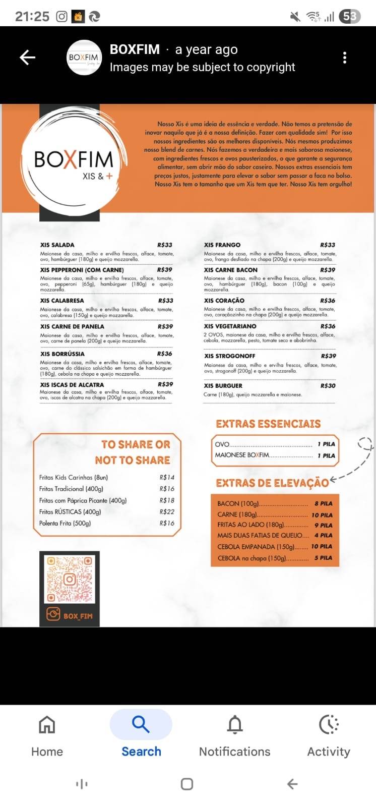 Boxfim Xis cardápio