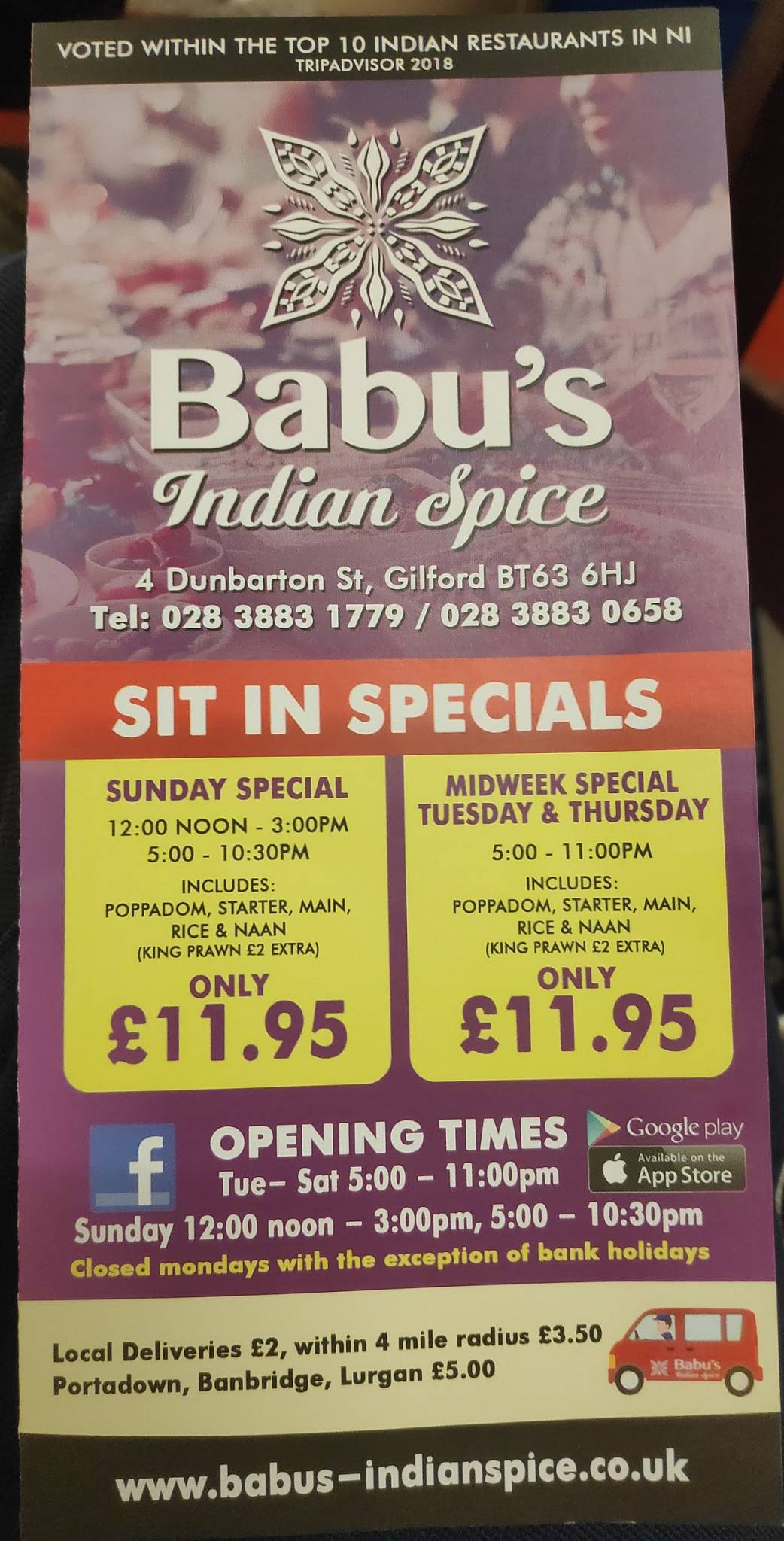 Menu at Babu's Indian Spice House restaurant, Gilford
