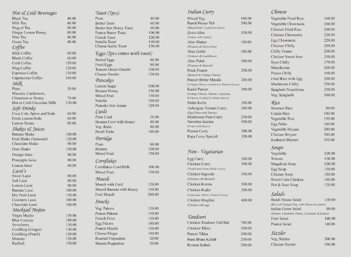 Baori View Restaurant menu