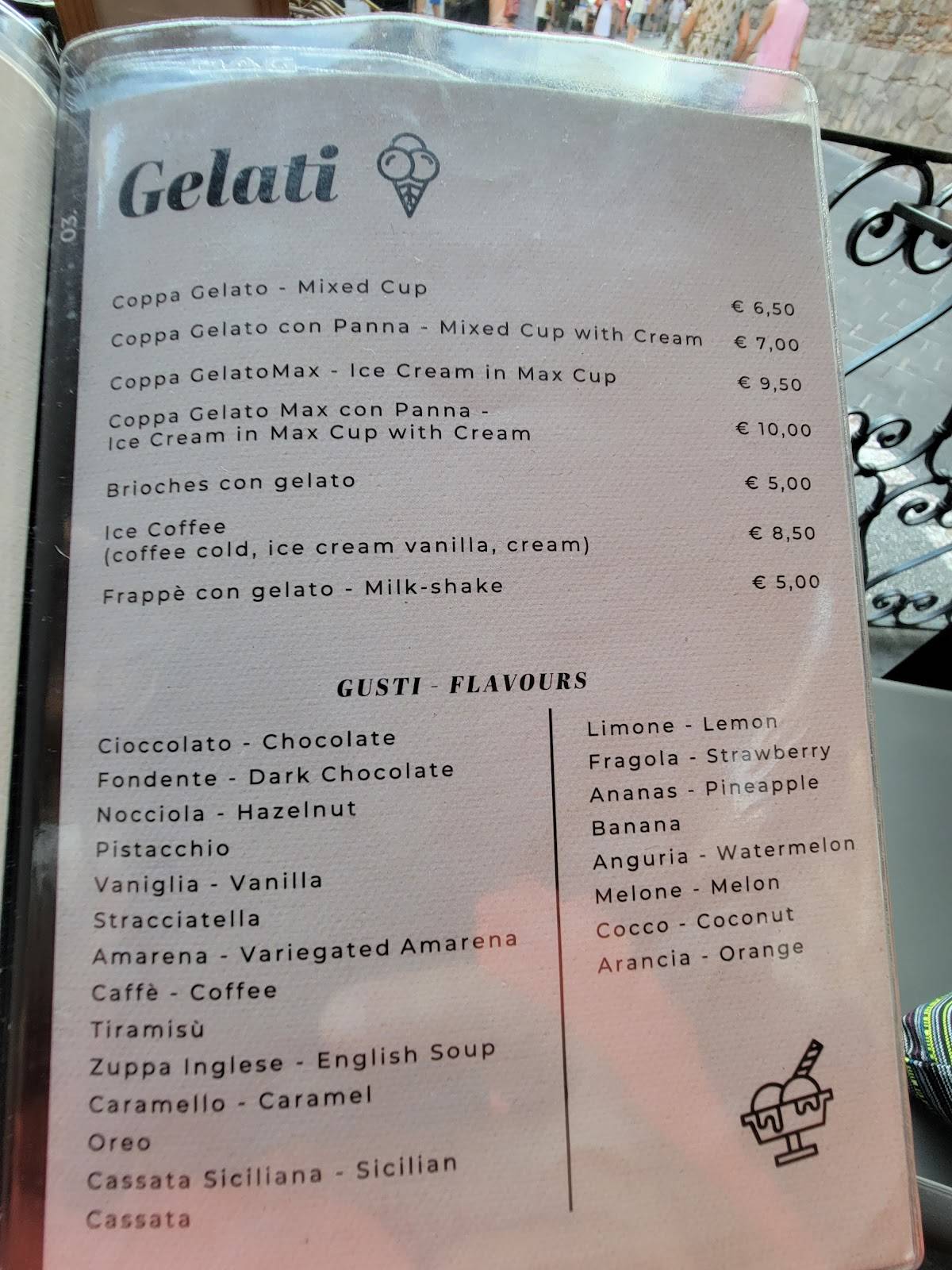 Menu di Bar Trinacria Taormina 