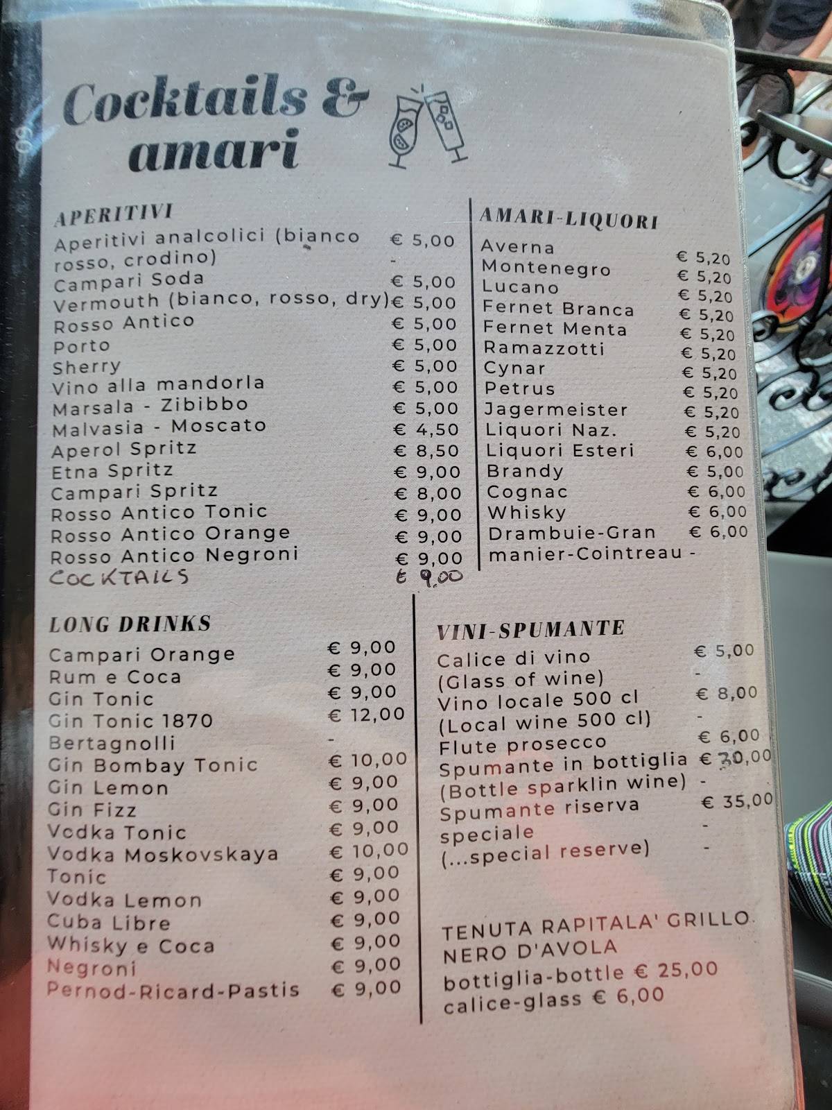 Menu di Bar Trinacria Taormina 