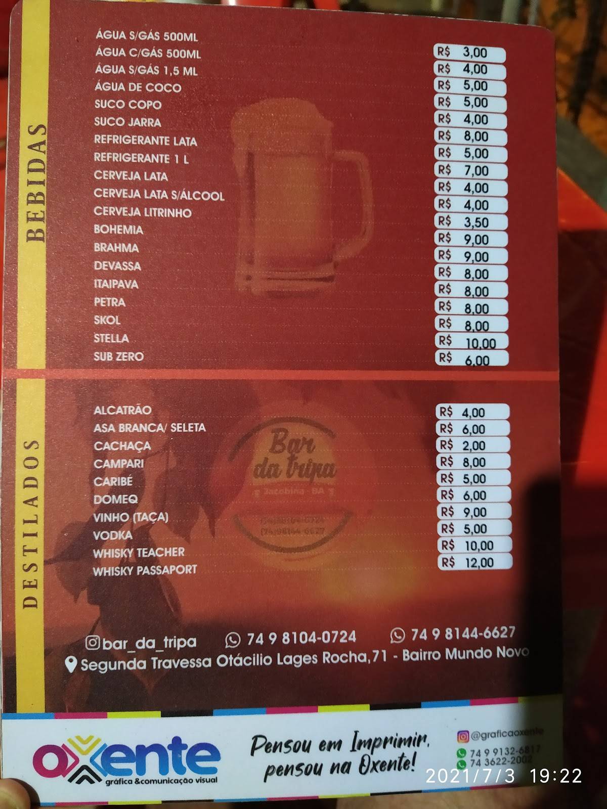 Bar da tripa cardápio