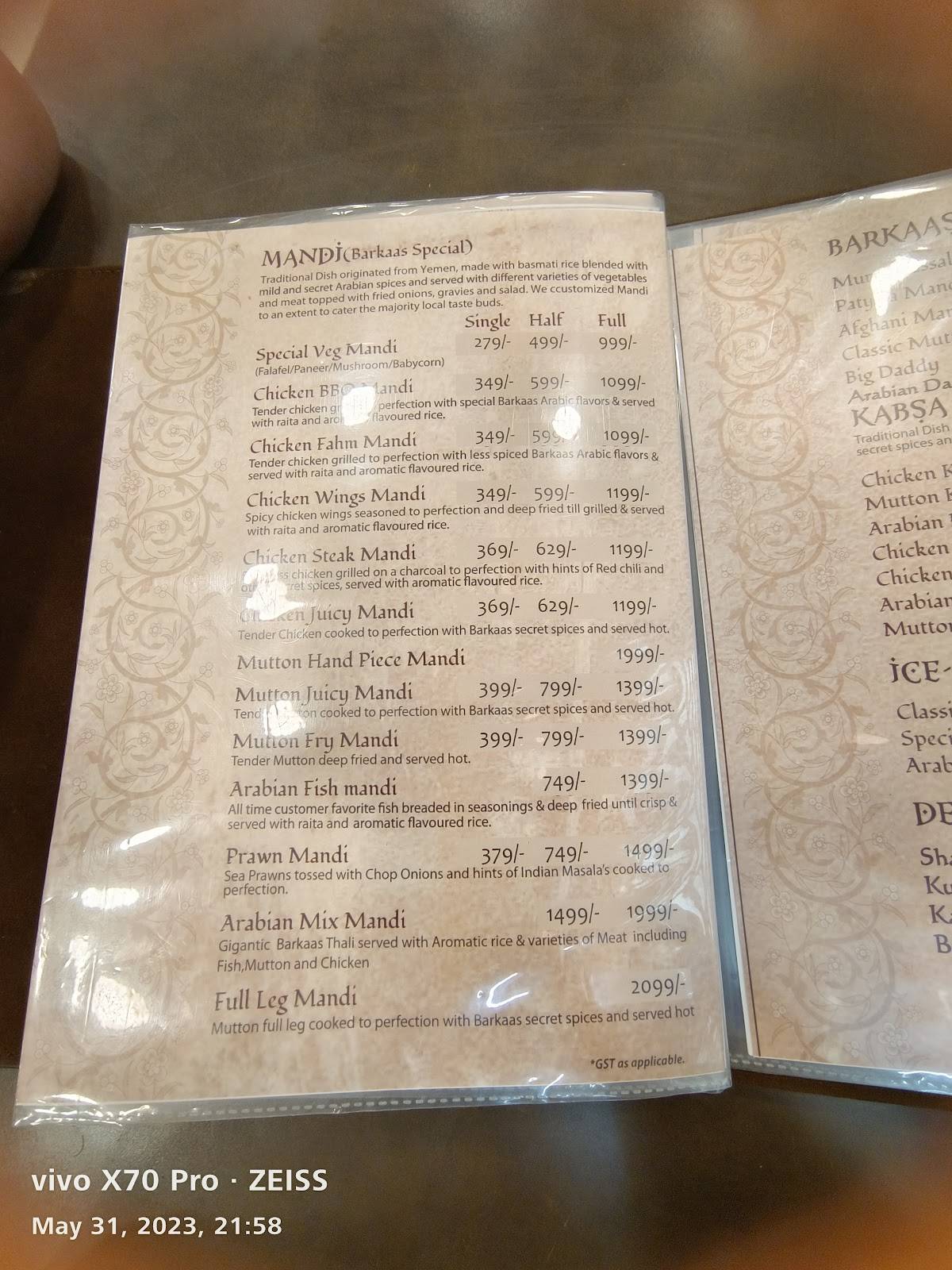 Menu At Barkaas Indo Arabic Restaurant Lucknow