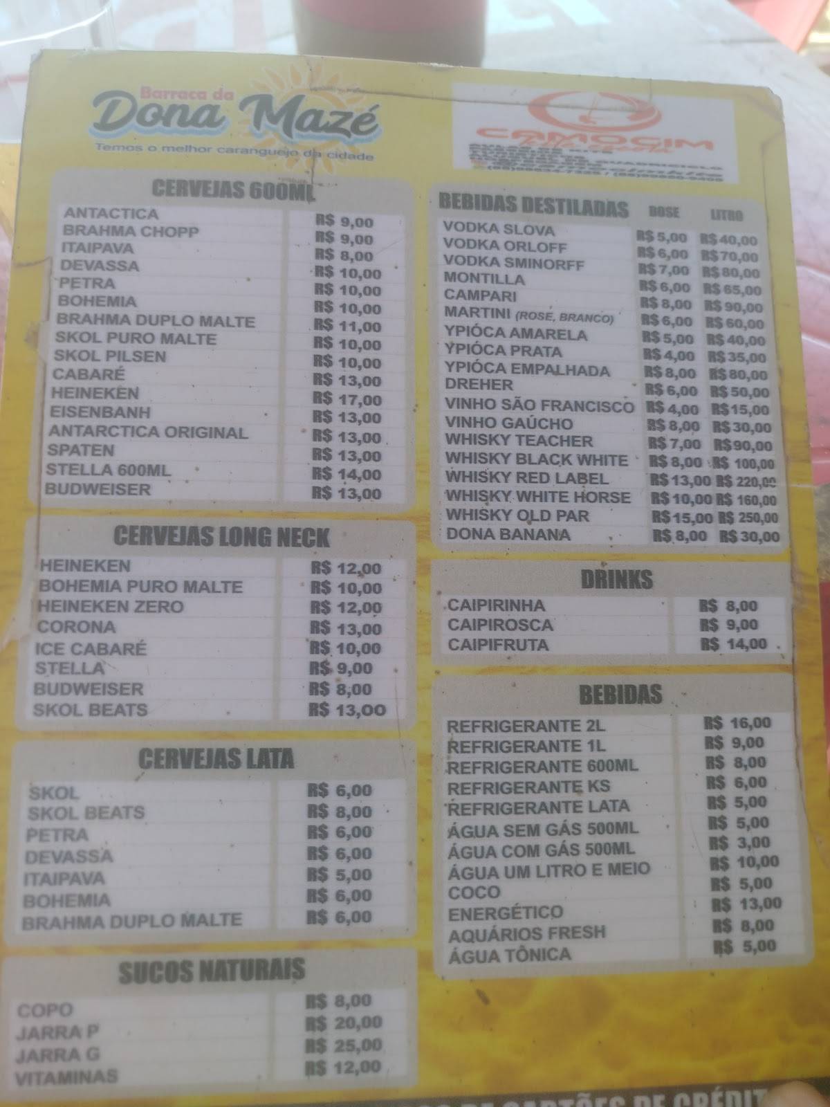 Barraca Da Dona Mazé cardápio