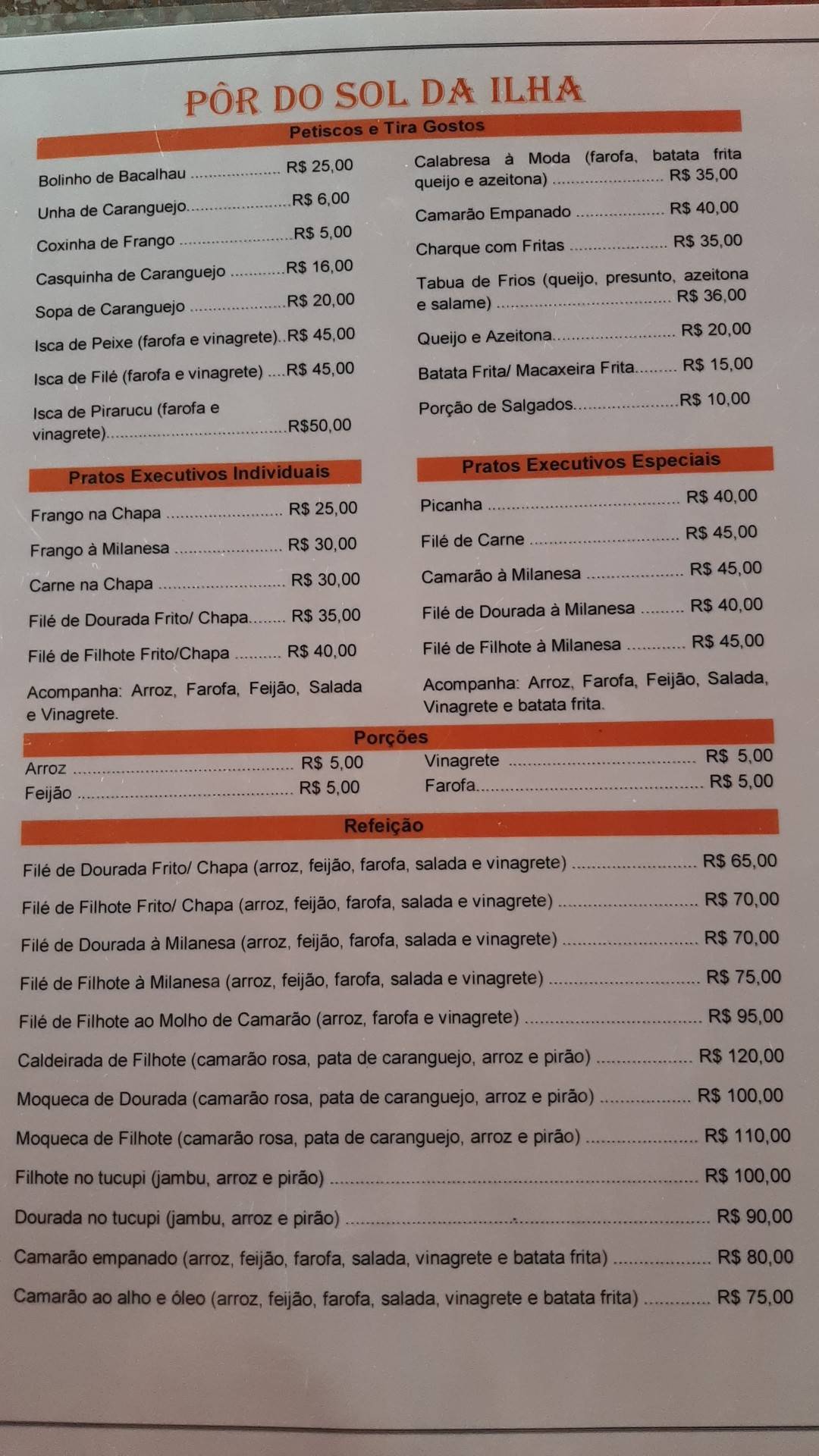 Menu em Barraca o comilão Mosqueiro