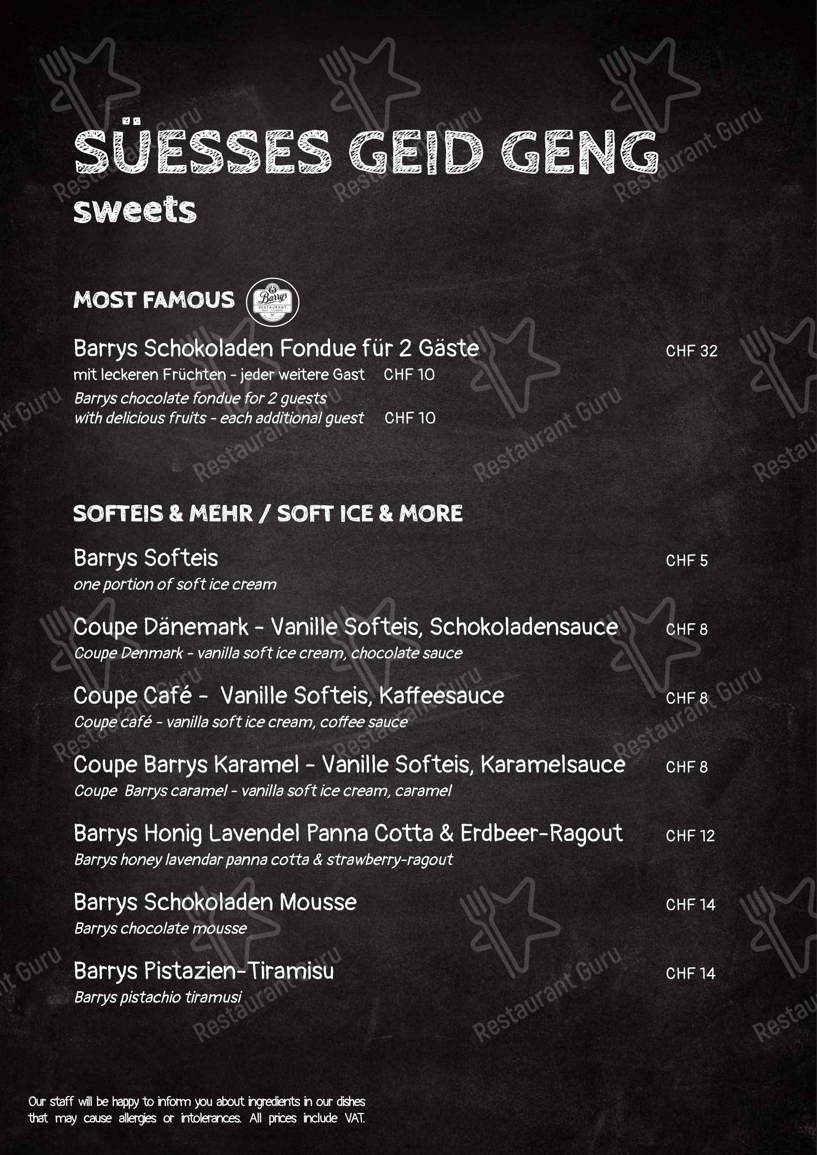 Barrys Restaurant, Bar & Lounge in Grindelwald - 菜单