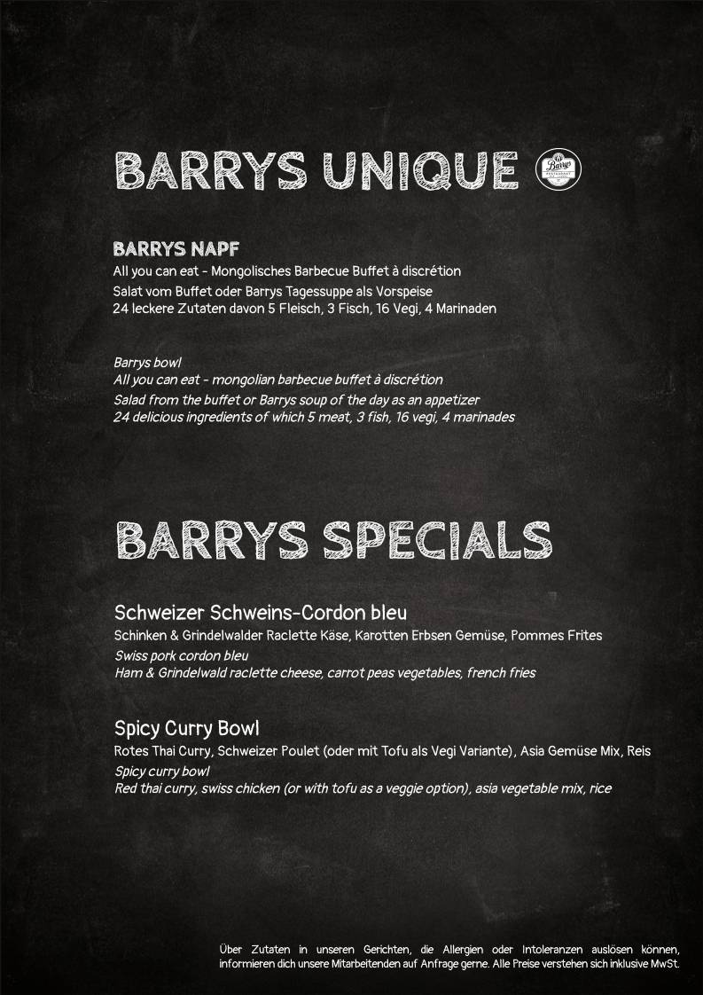 Menu di Barrys Restaurant, Bar & Lounge 