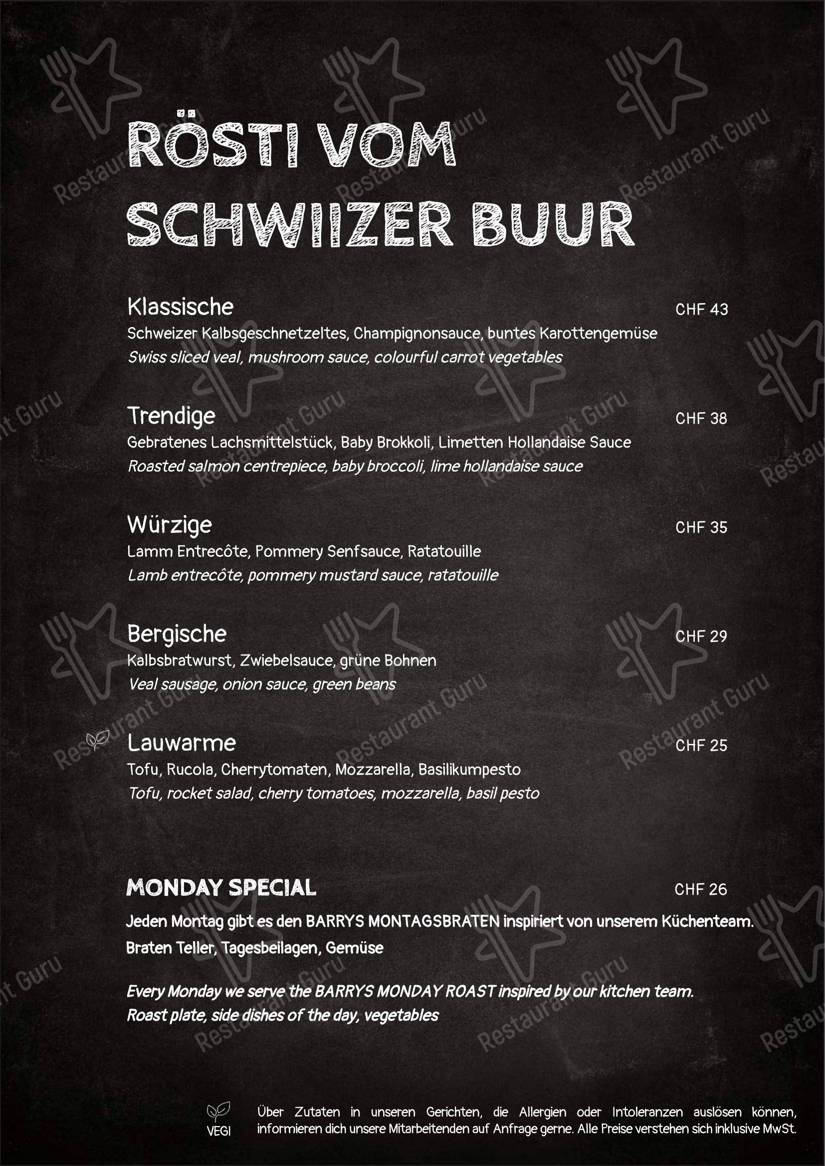 Barrys Restaurant, Bar & Lounge in Grindelwald - 菜单