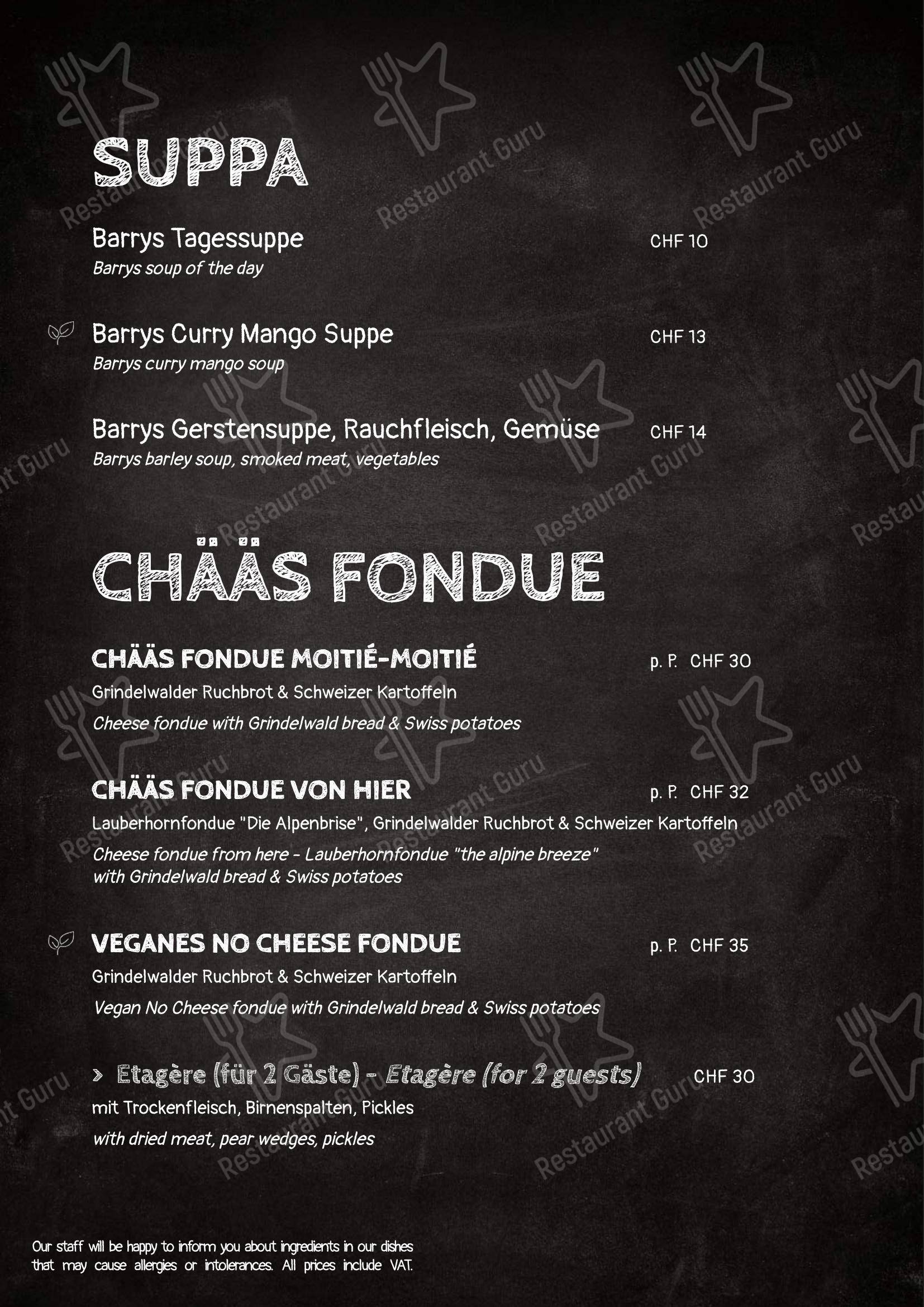 菜单 per Barrys Restaurant, Bar & Lounge in Grindelwald
