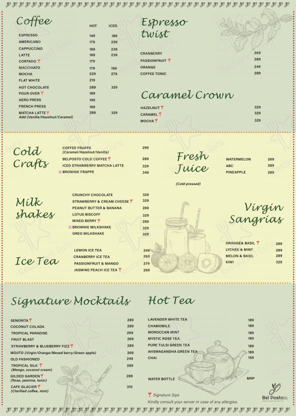 Bel Posto The Cafe menu - dishes and beverages