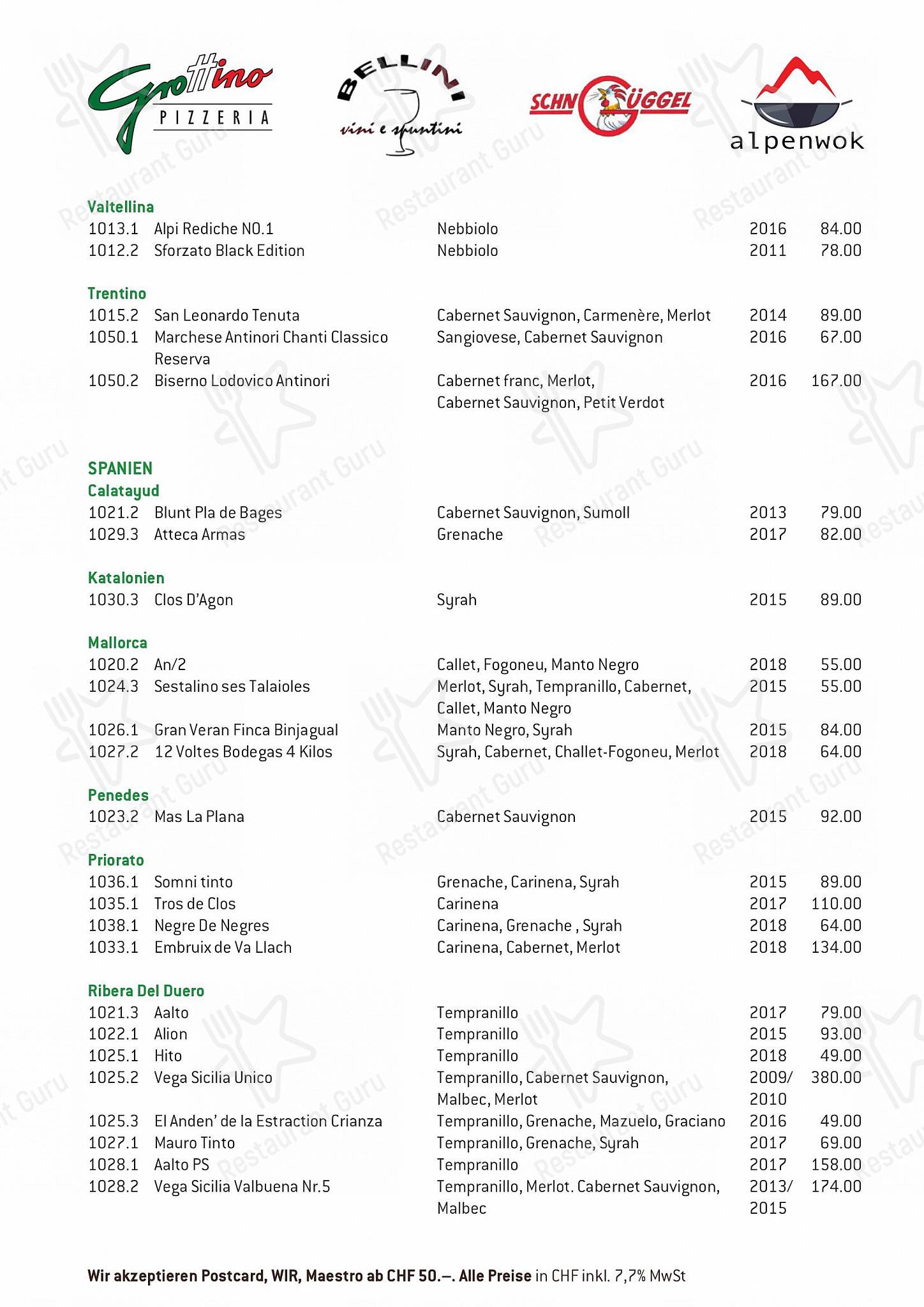 Bellini Vini e Spuntini in Arosa - 菜单