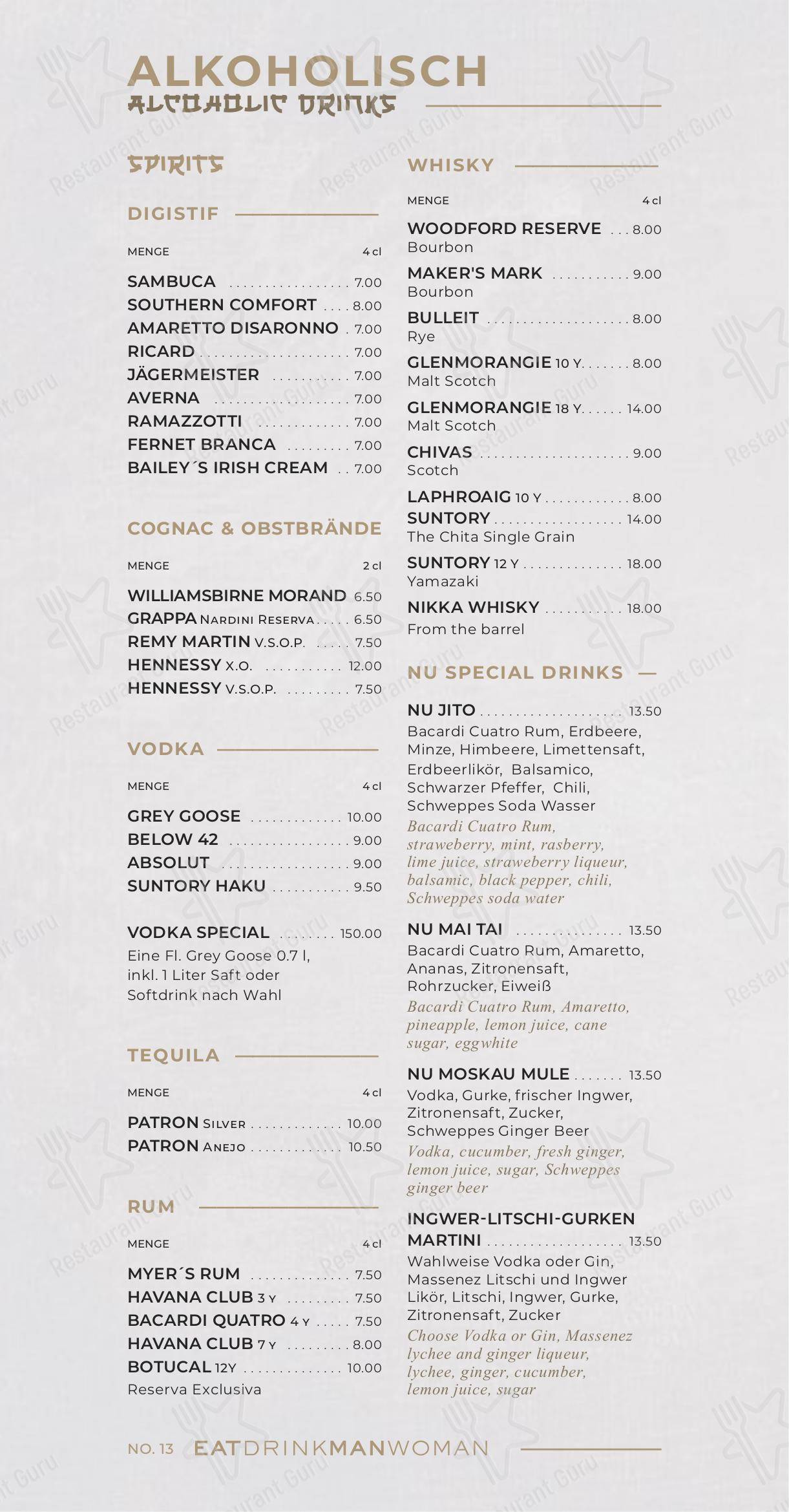 菜单 pour NU RESTAURANT pub et bar