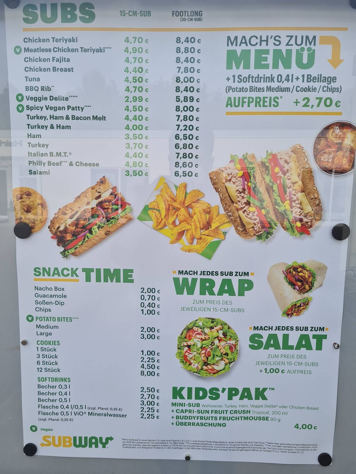Menu de Subway