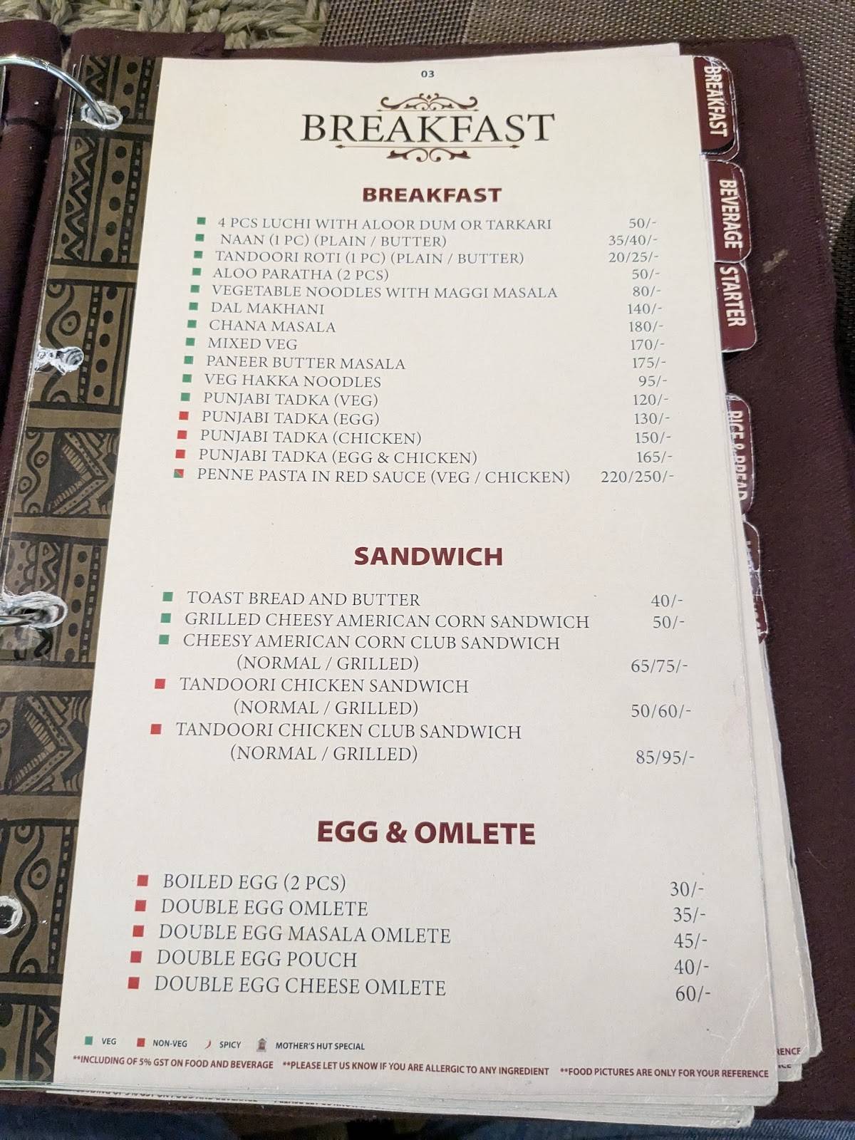 Mother's Hut menu