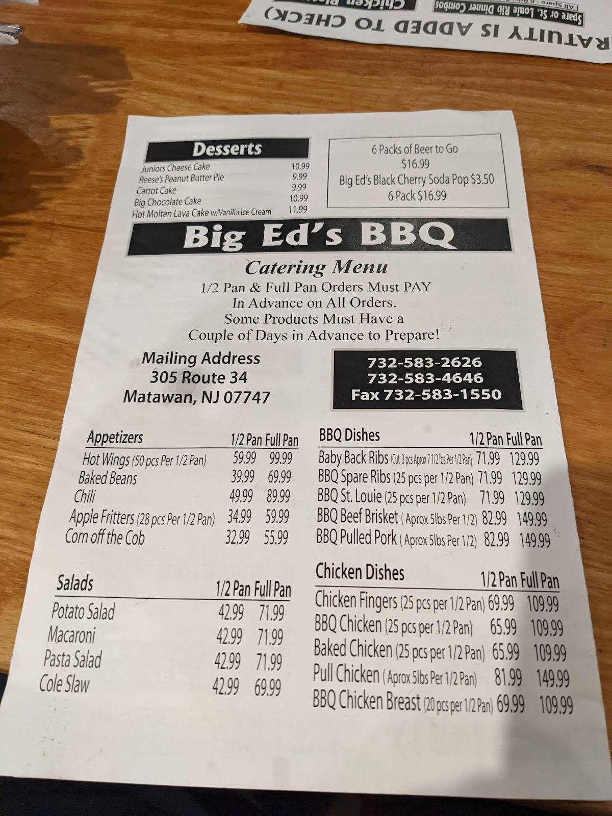 Menu at Big Ed's Barbecue, Matawan, 305 NJ34