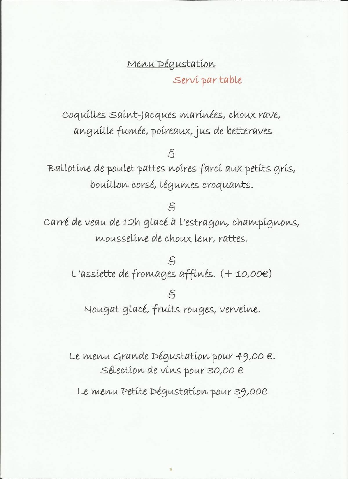 Menu au La Fermette des Pins, Binche, Rue du Lustre 39