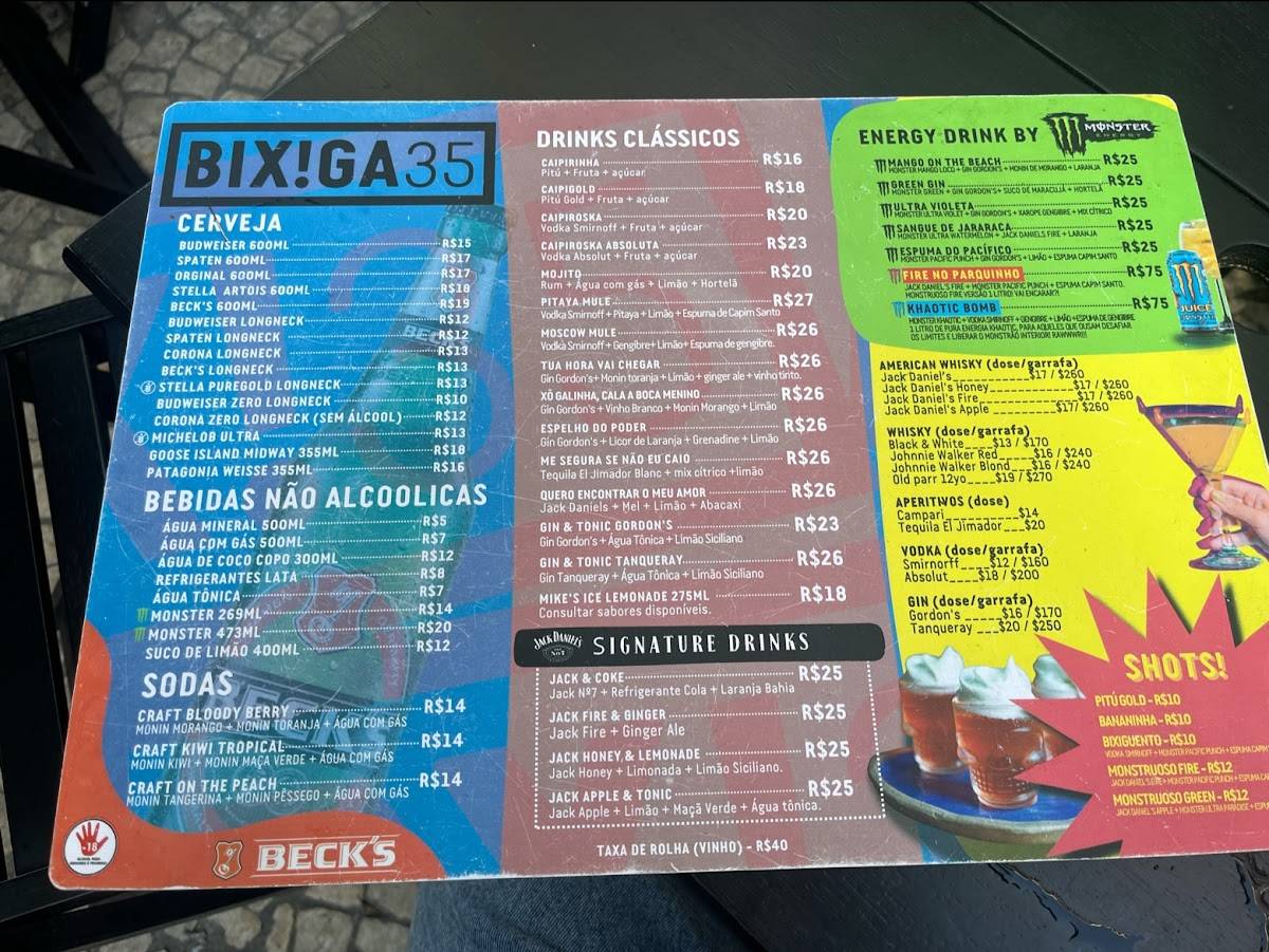 Bixiga 35 cardápio