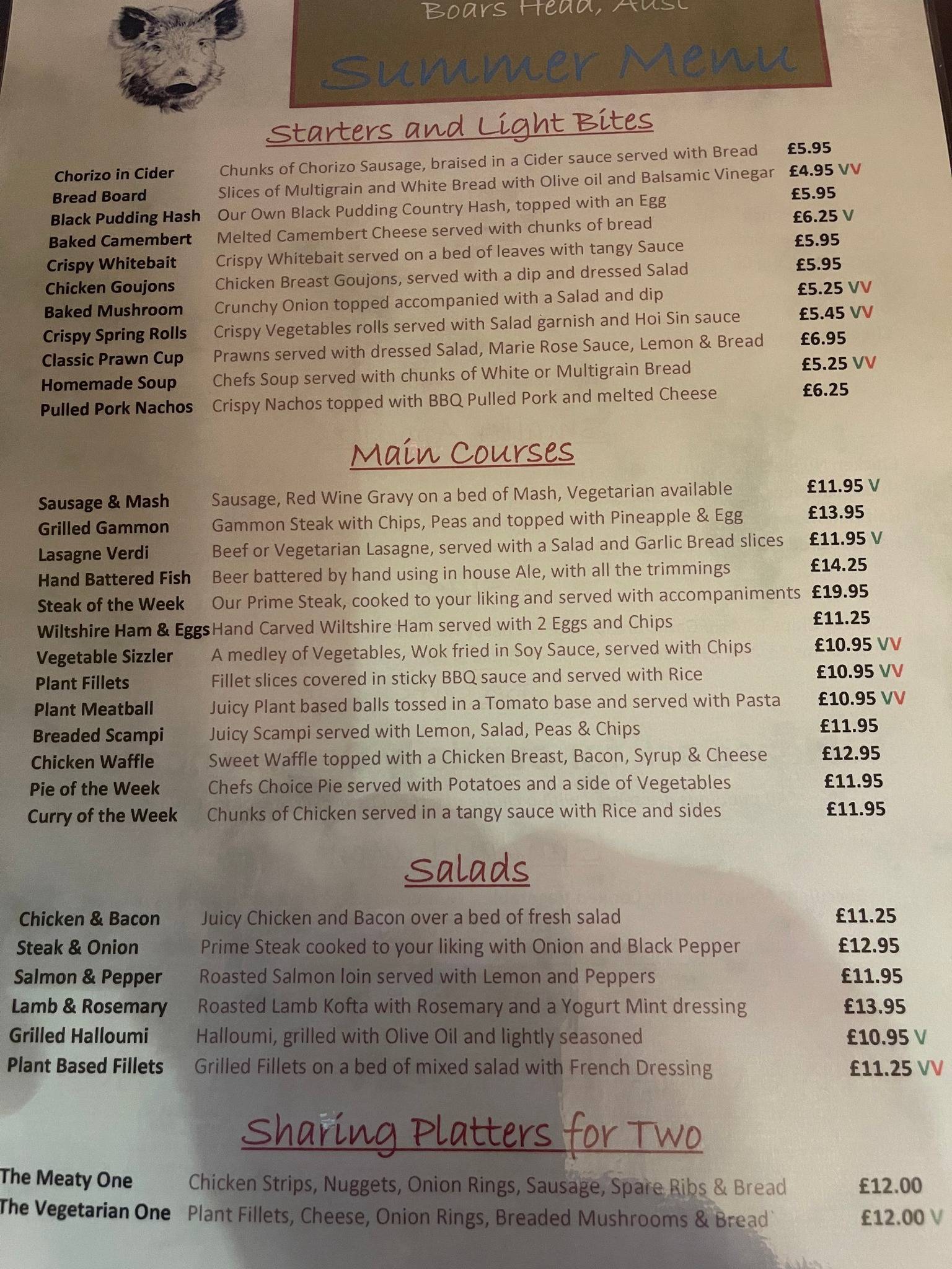 Menu at Boars Head Village Pub, Aust, Bristol