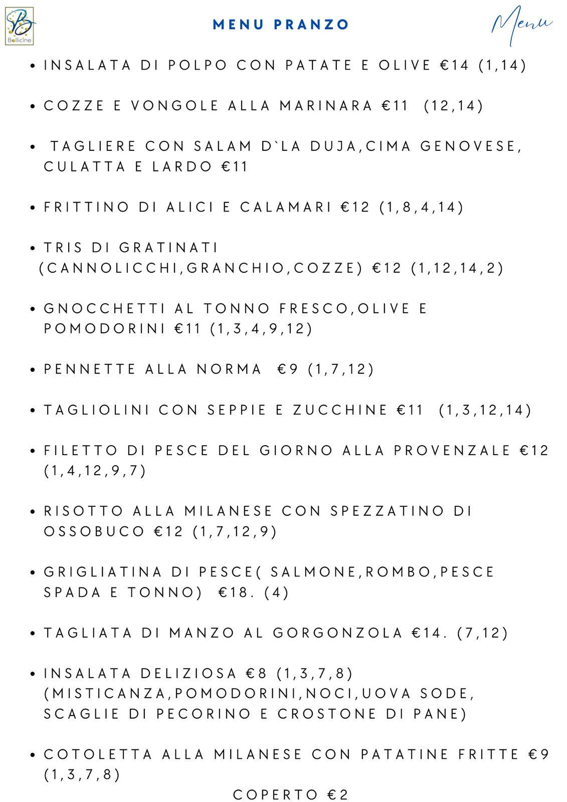 Menu di Bollicine Ristorante Ligure di Pesce fresco 