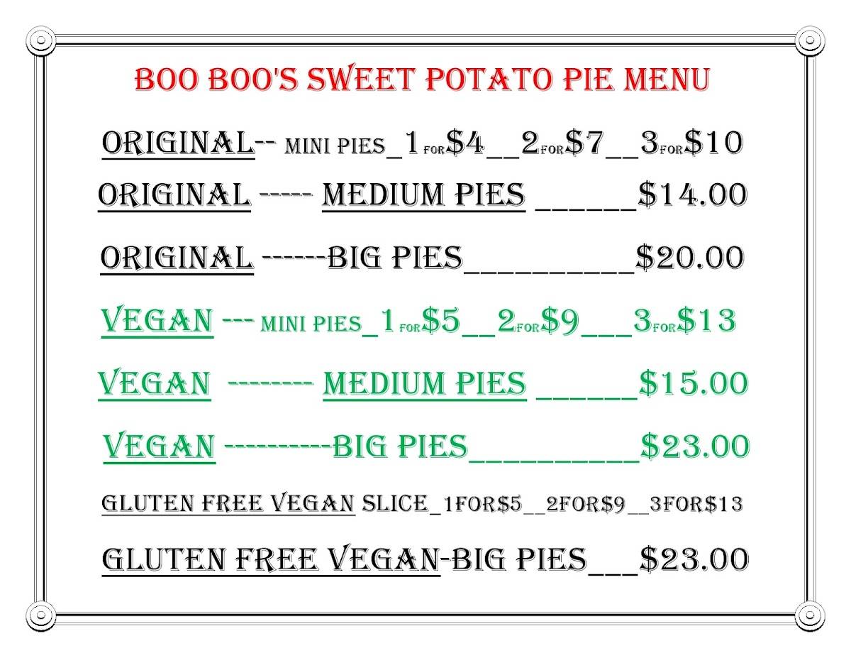 Menu at Boo Boo's sweet Potato Pies desserts, Oceanside