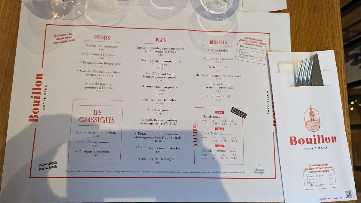 Menu au Bouillon Notre Dame restaurant, Dijon