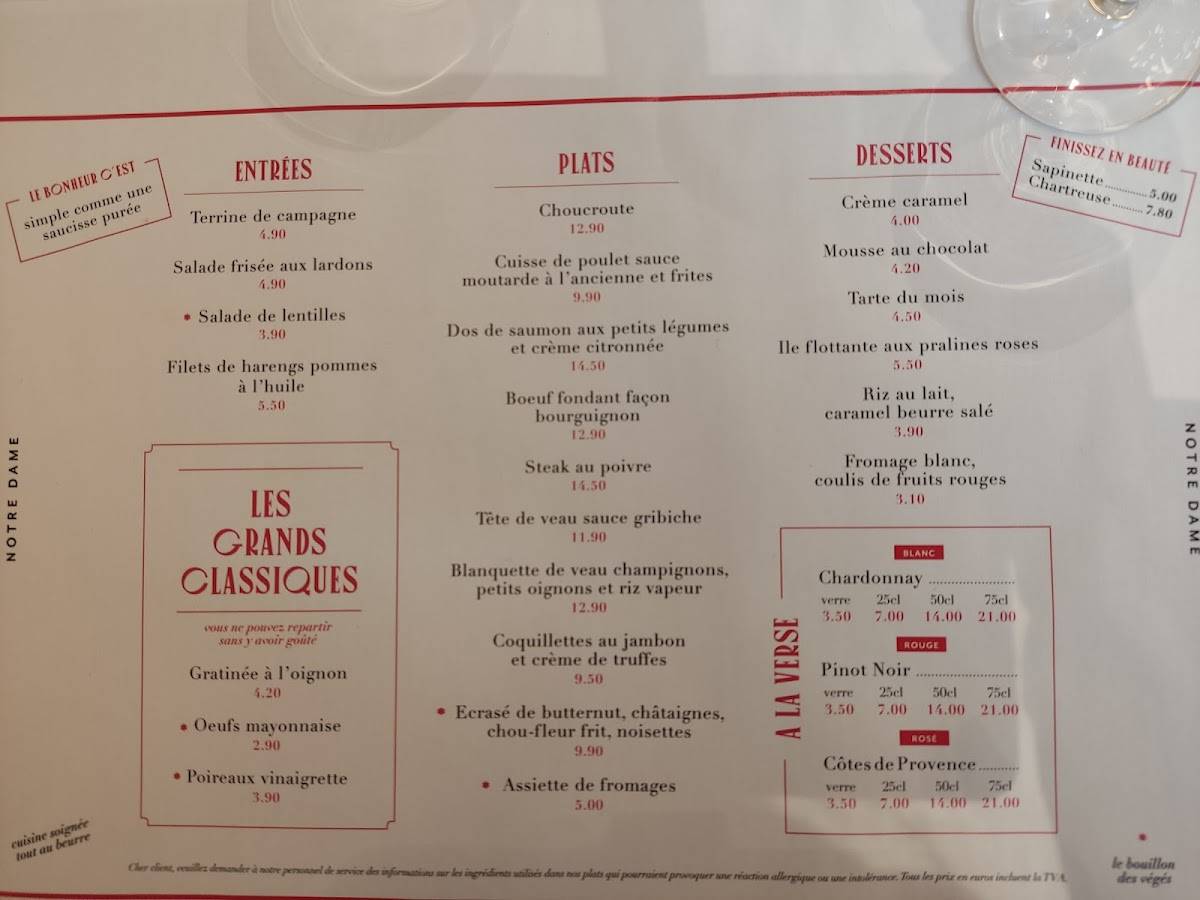 Menu au Bouillon Notre Dame restaurant, Dijon