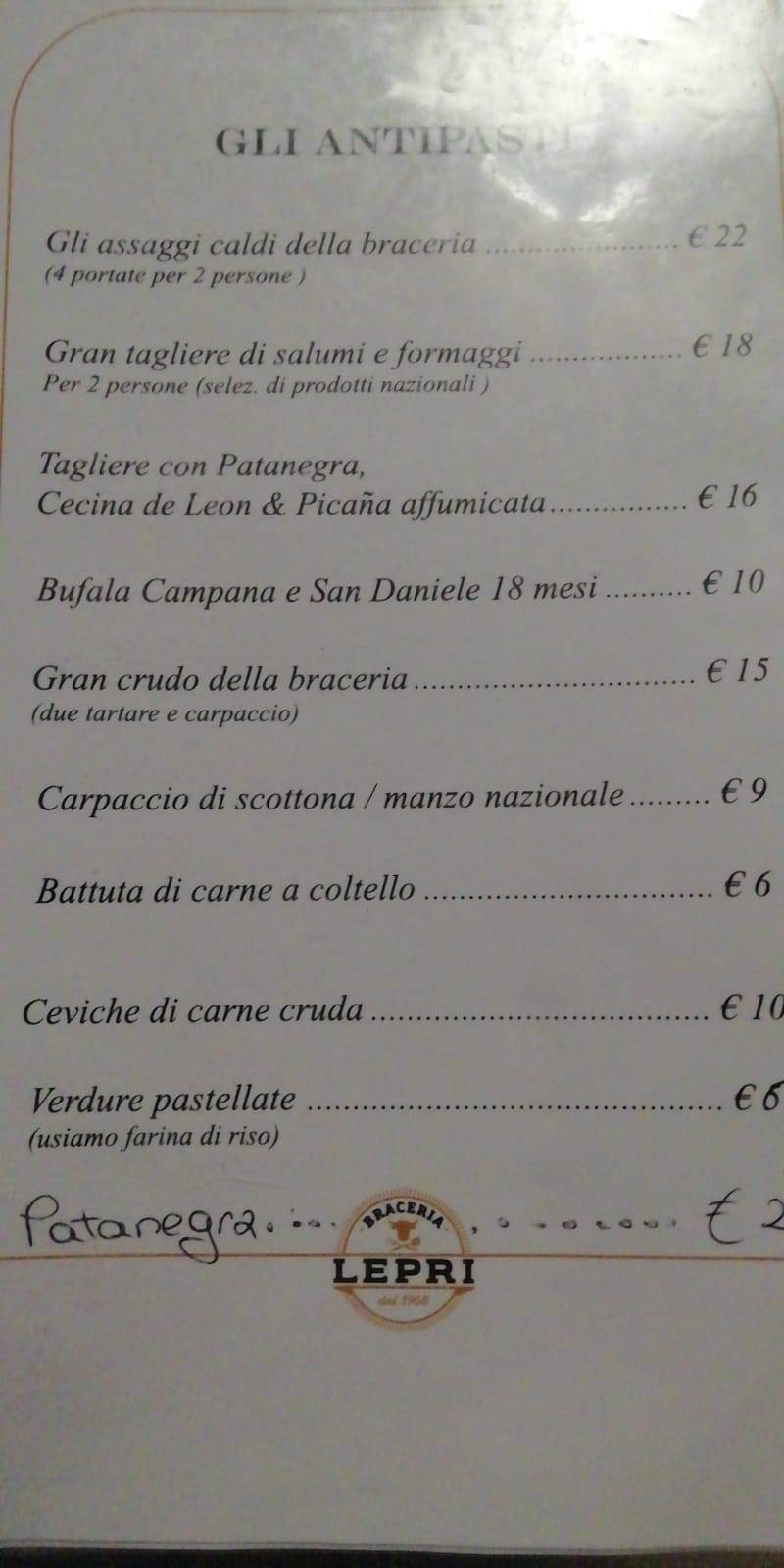 Menu di Braceria Enoteca Lepri 