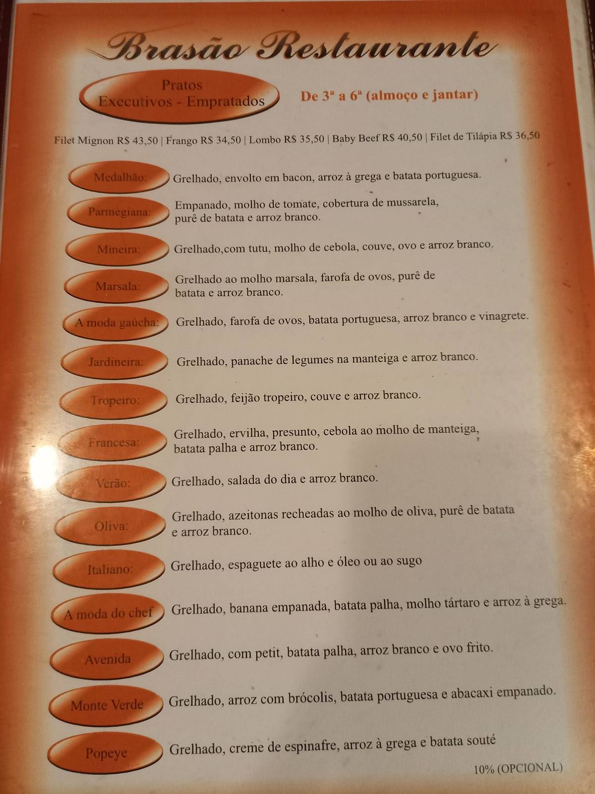 Brasão Restaurante cardápio