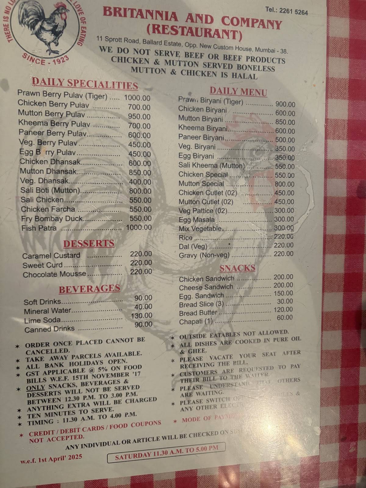 Britannia & Company menu