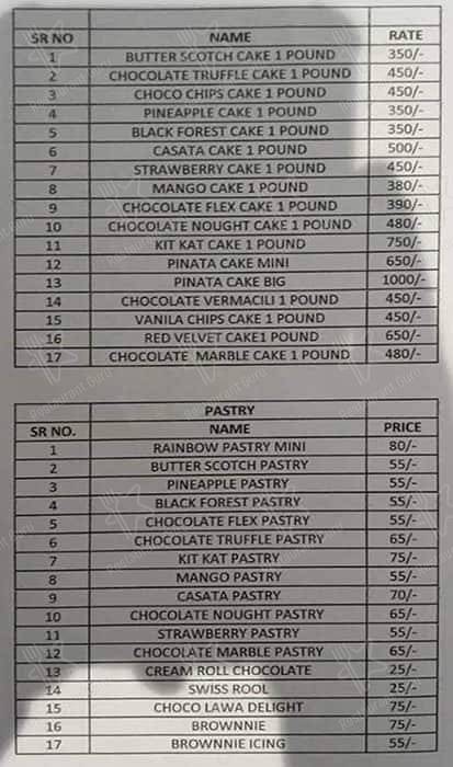 Brown Bake menu