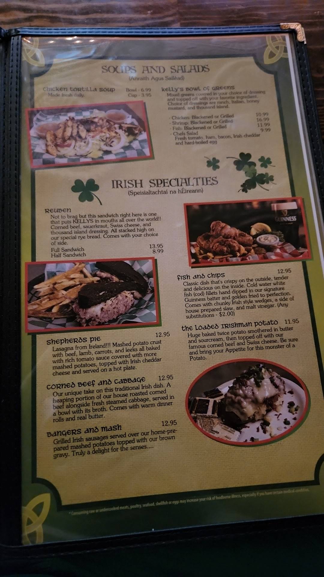 Menu at Kellys Irish Pub, South Padre Island