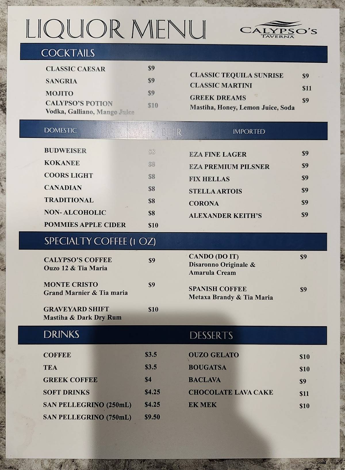 Menu de Brunch Glory & Calypso’s Greek Taverna