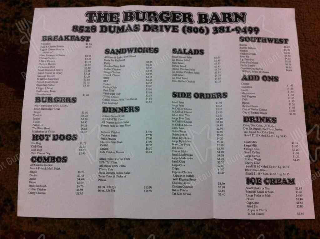 Burger Barn menu