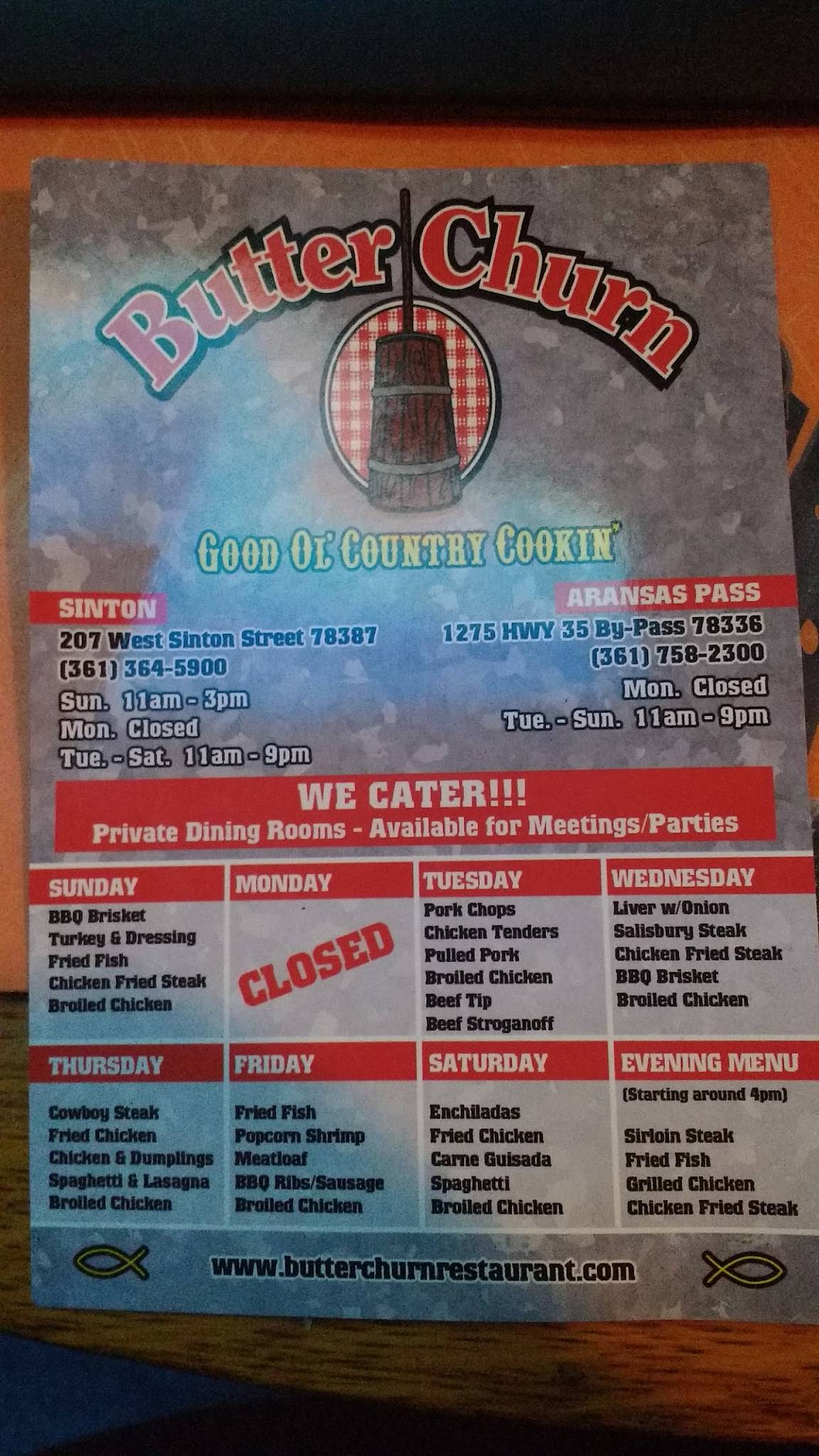 Menu at Butter Churn Restaurant, Sinton, 207 W Sinton St